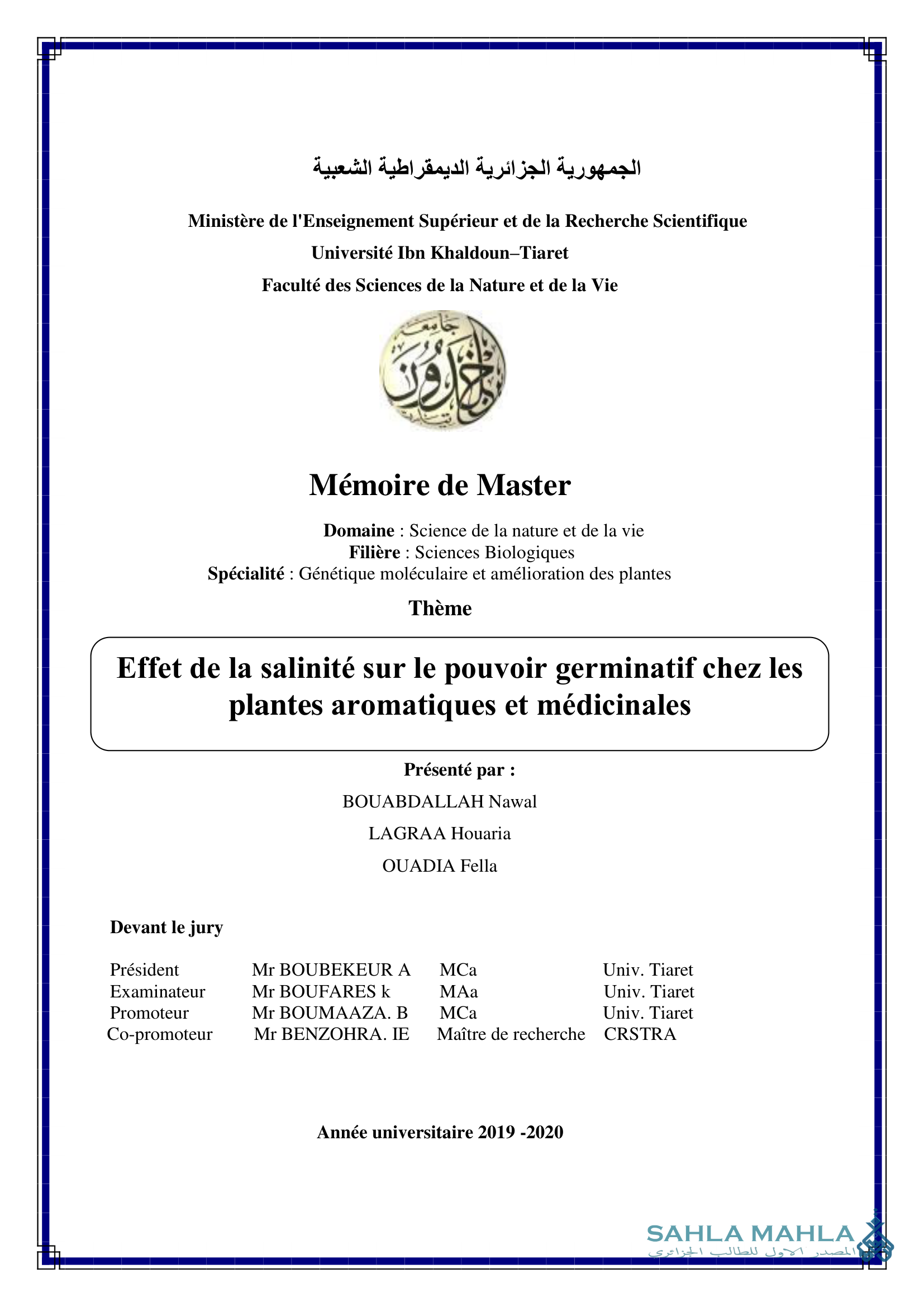 Effet de la salinité sur le pouvoir germinatif chez les plantes aromatiques et médicinales