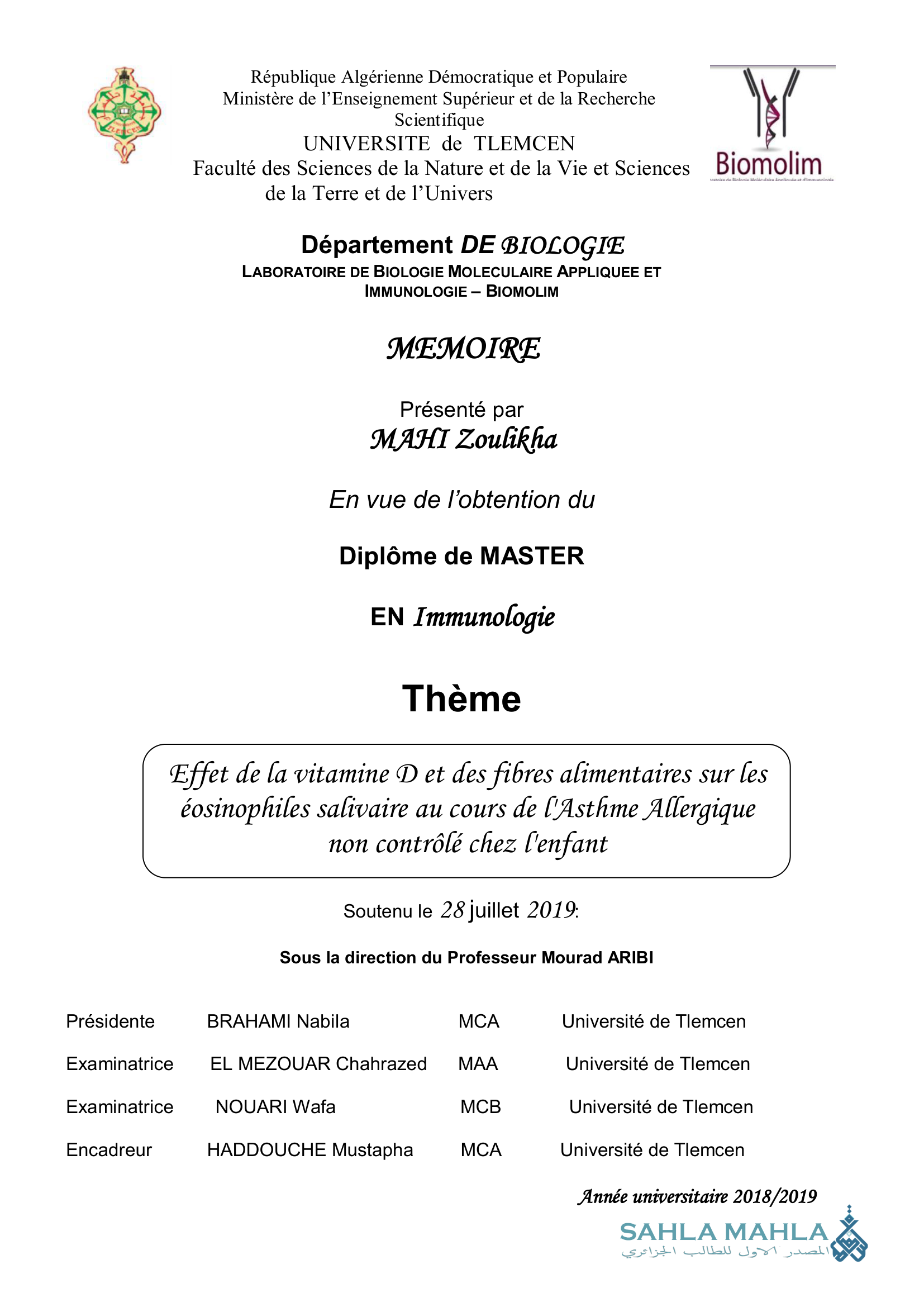 Effet de la vitamine D et des fibres alimentaires sur les éosinophiles salivaire au cours de l'Asthme Allergique non contrôlé chez l'enfant