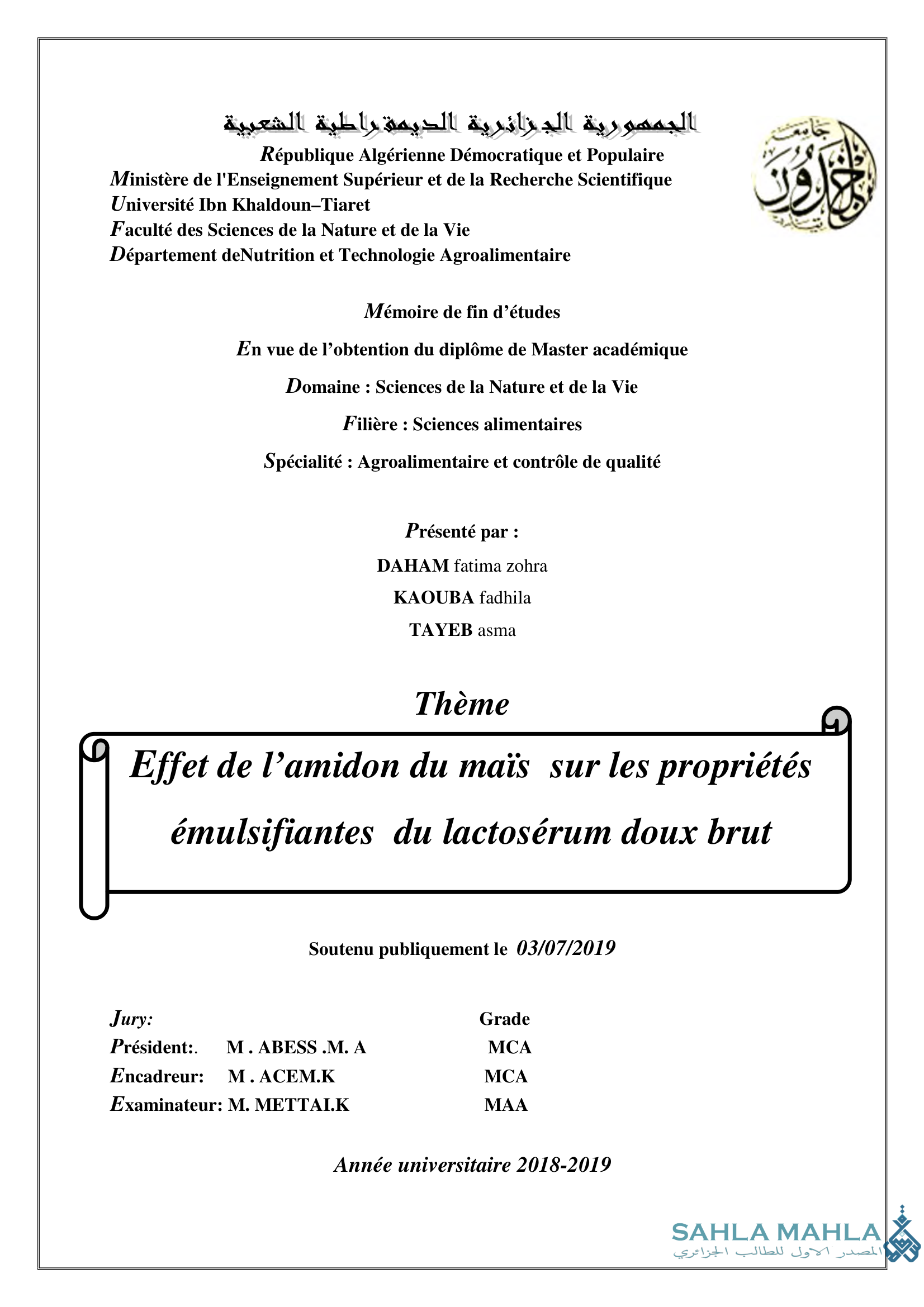Effet de l'amidon du maïs sur les propriétés émulsifiantes du lactosérum doux brut