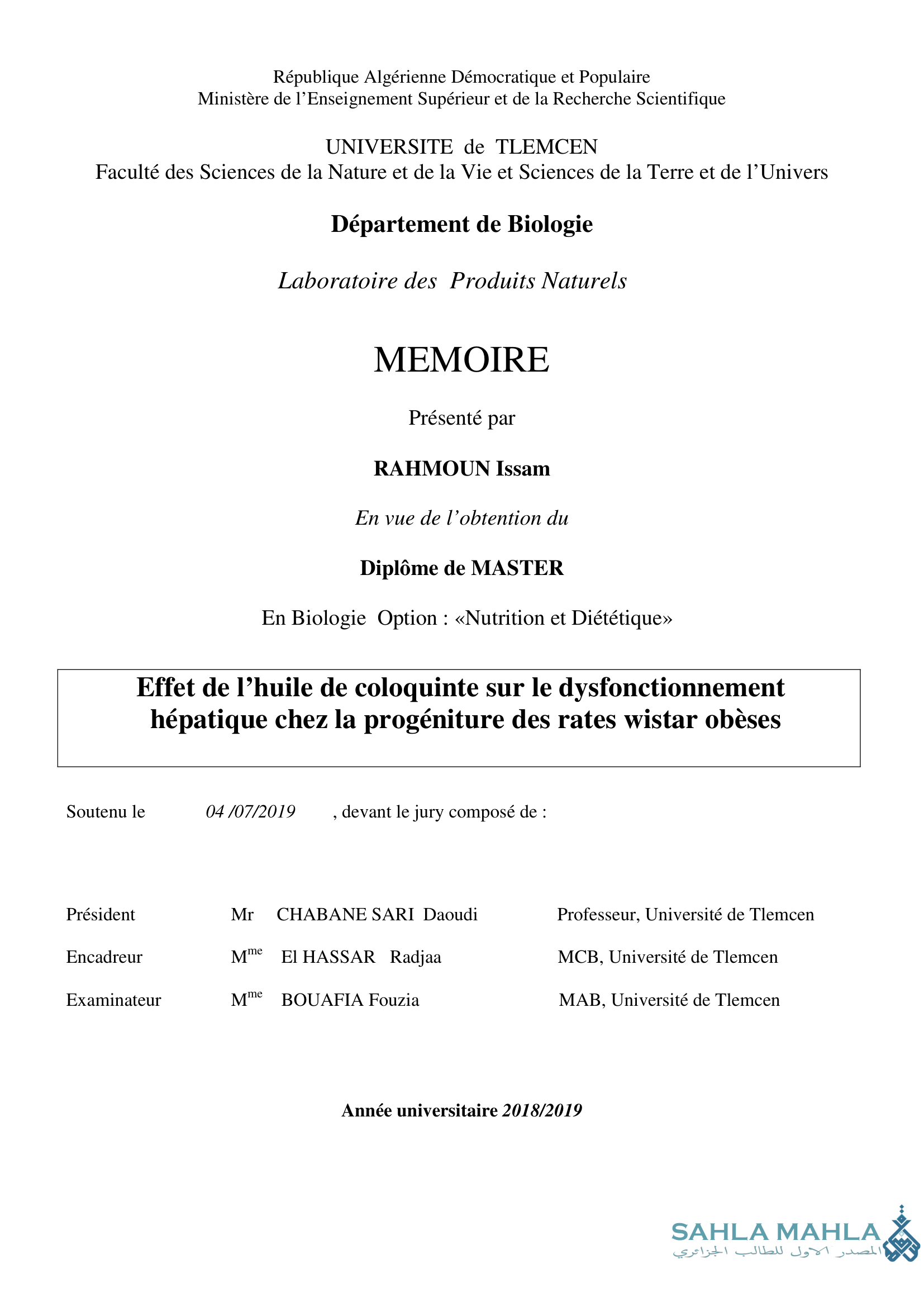 Effet de l'huile de coloquinte sur le dysfonctionnement hépatique chez la progéniture des rates wistar obèses