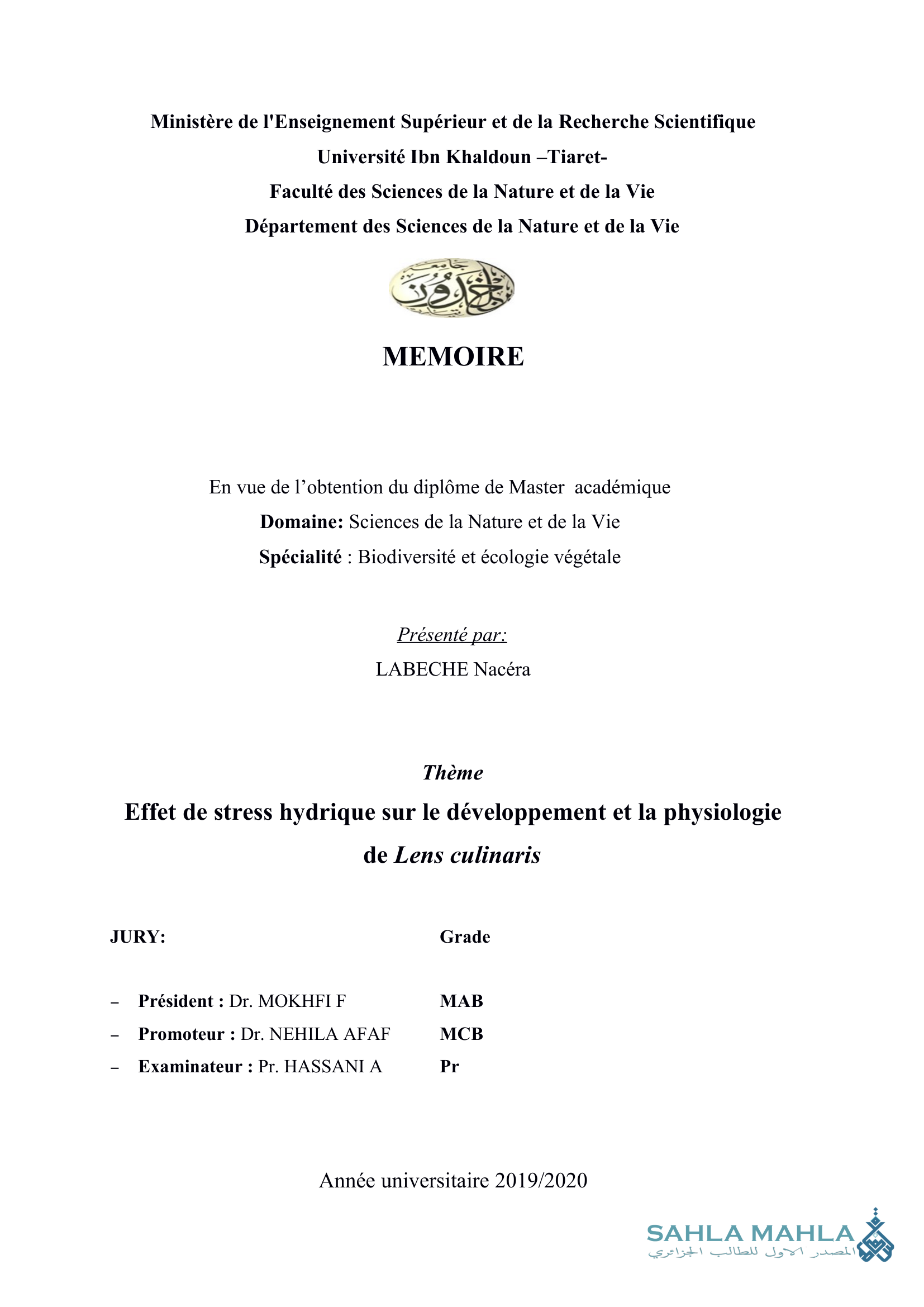 Effet de stress hydrique sur le développement et la physiologie de Lens culinaris