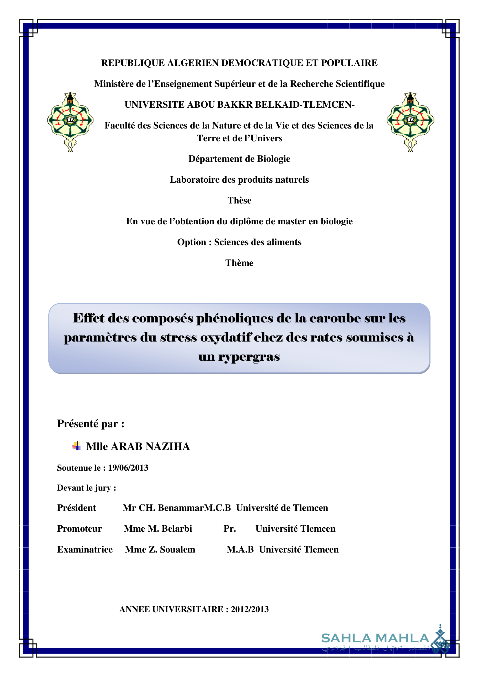Effet des composés phénoliques de la caroube sur les paramètres du stress oxydatif chez des rates soumises à un rypergras