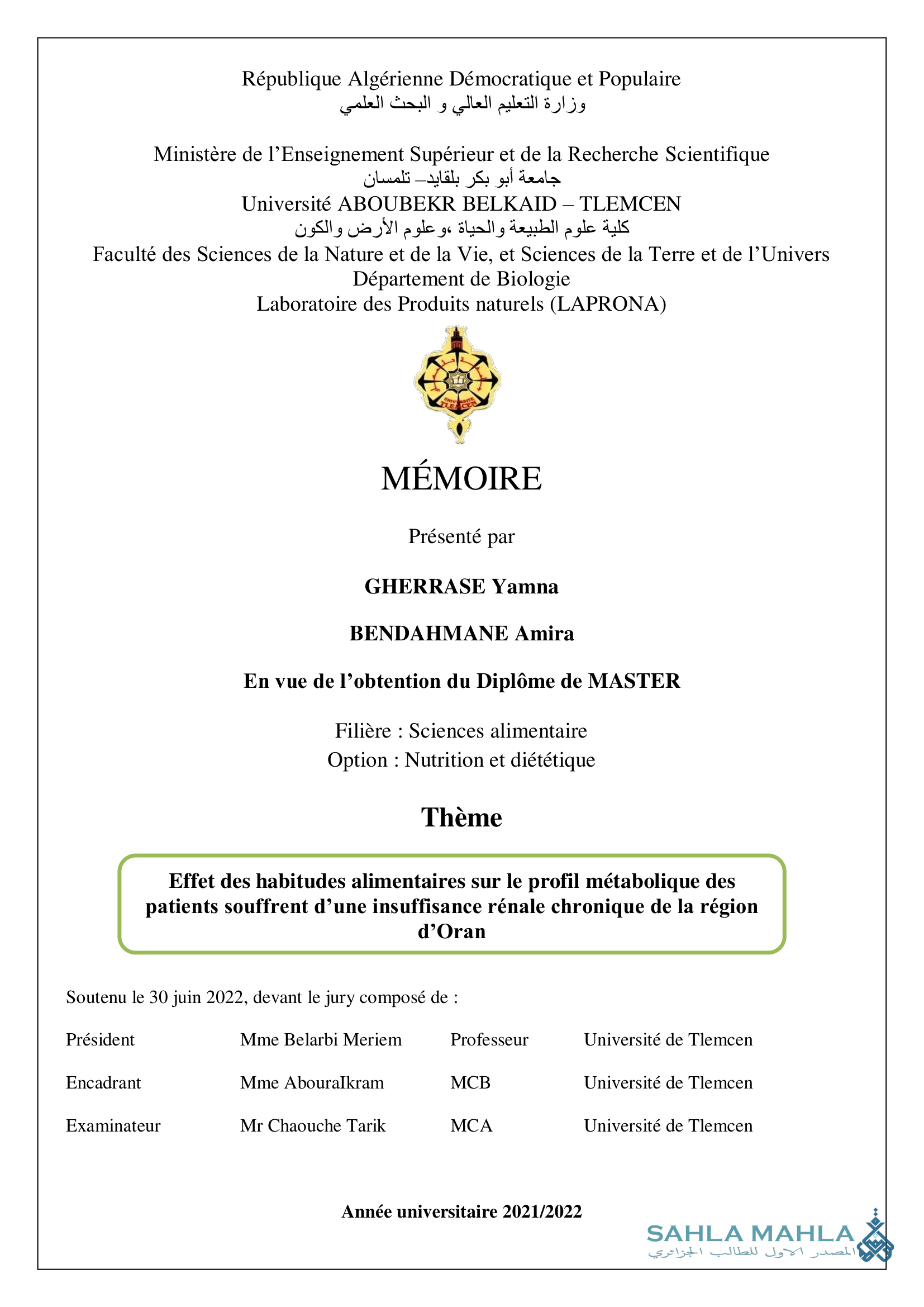 Effet des habitudes alimentaires sur le profil métabolique des patients souffrent d'une insuffisance rénale chronique de la région d'Oran