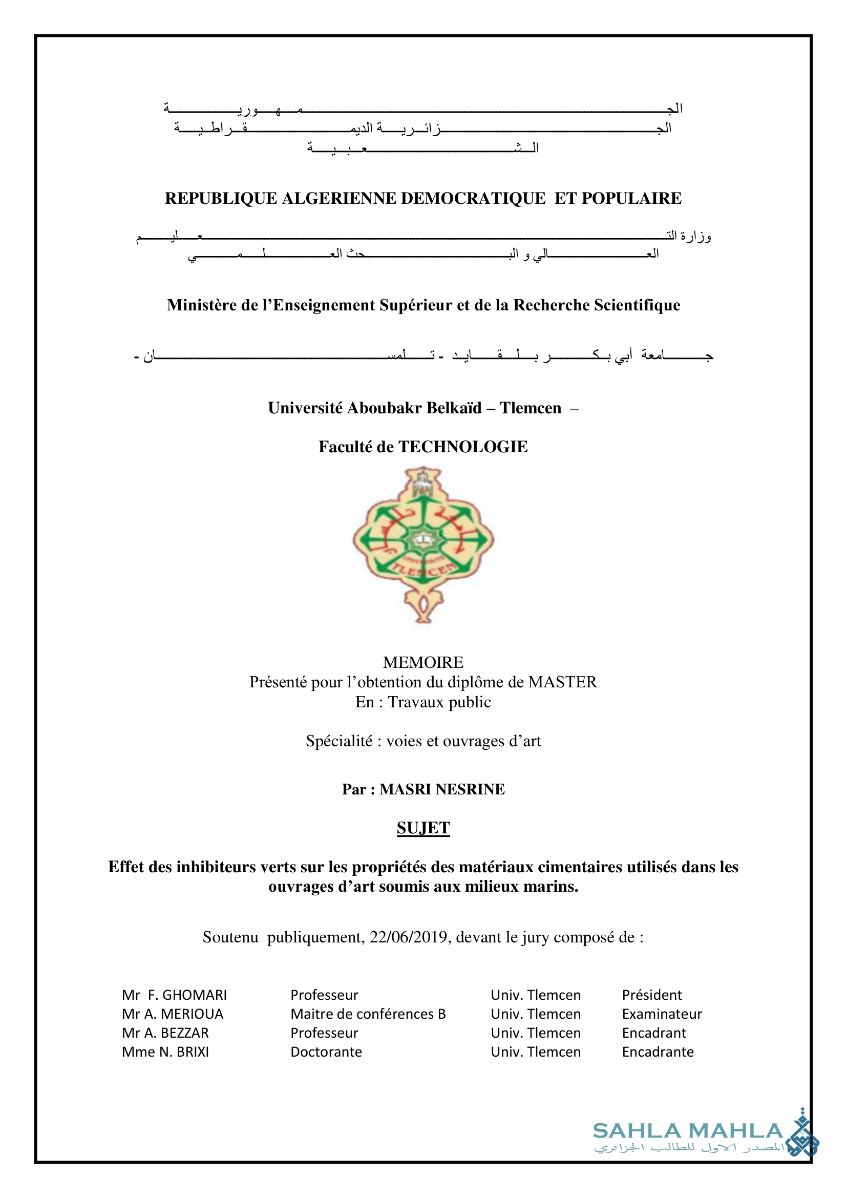 Effet des inhibiteurs verts sur les propriétés des matériaux cimentaires utilisés dans les ouvrages d'art soumis aux milieux marins.