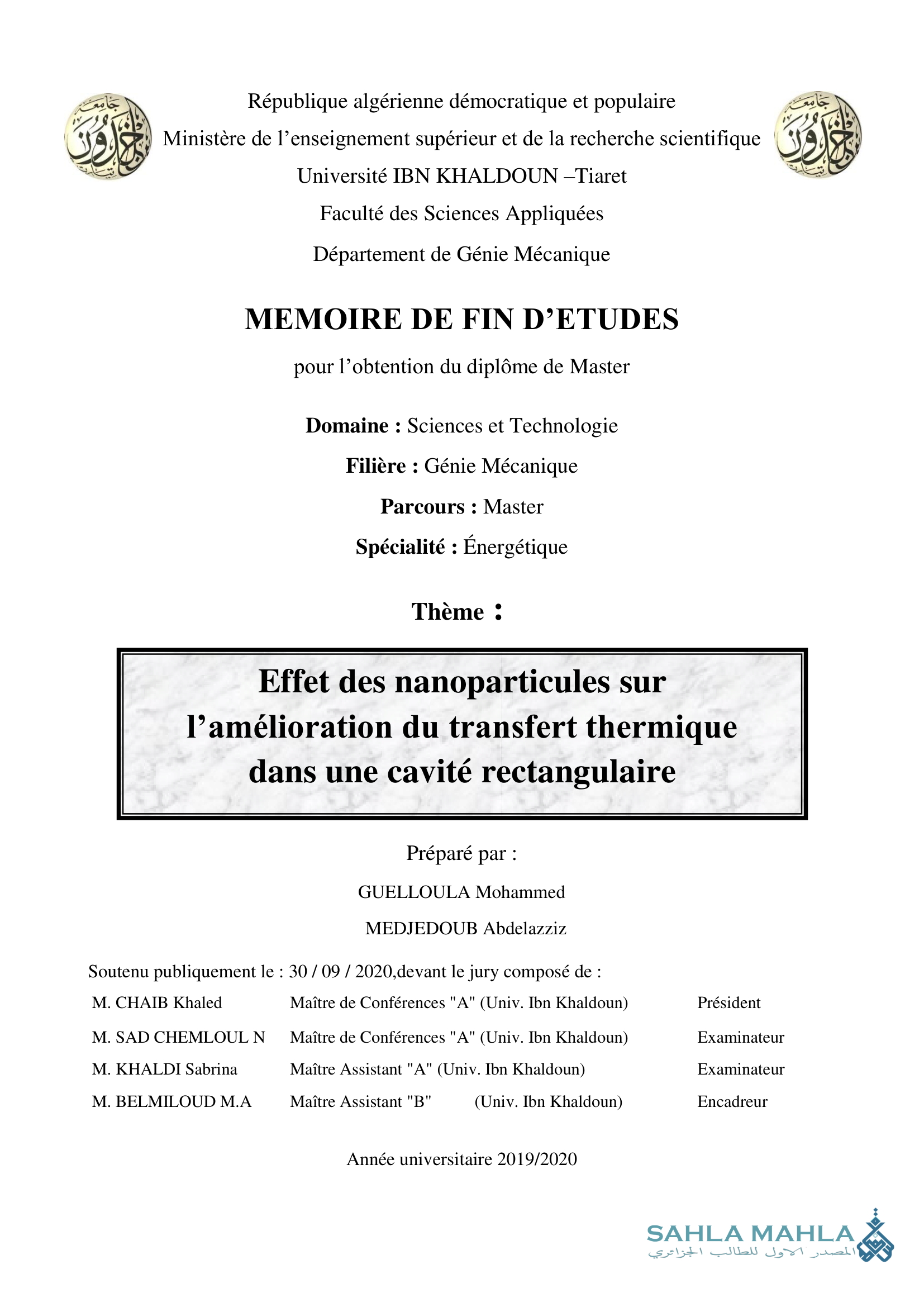 Effet des nanoparticules sur l'amélioration du transfert thermique dans une cavité rectangulaire