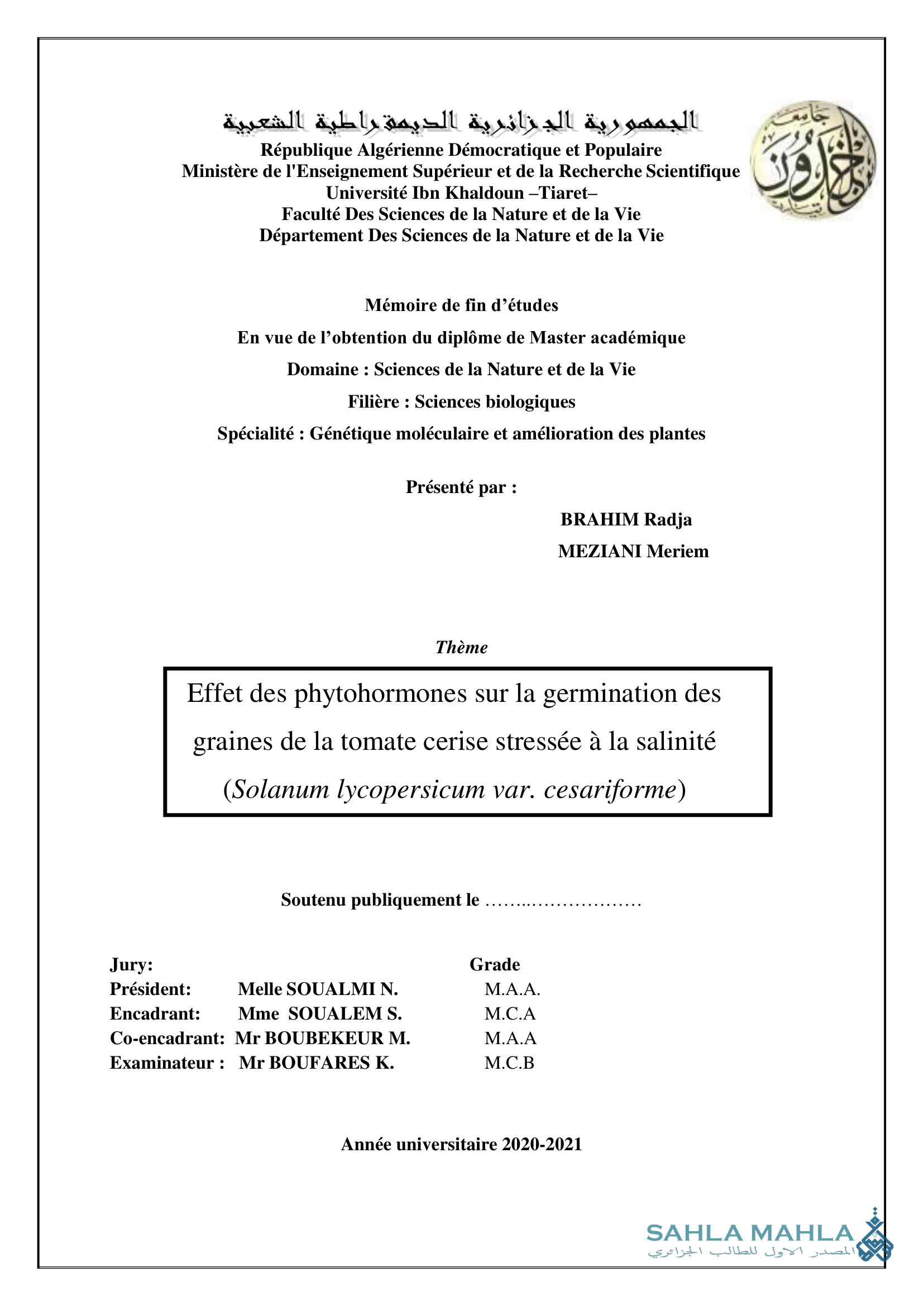 Effet des phytohormones sur la germination des graines de la tomate cerise stressée à la salinité (Solanum lycopersicum var. cesariforme)