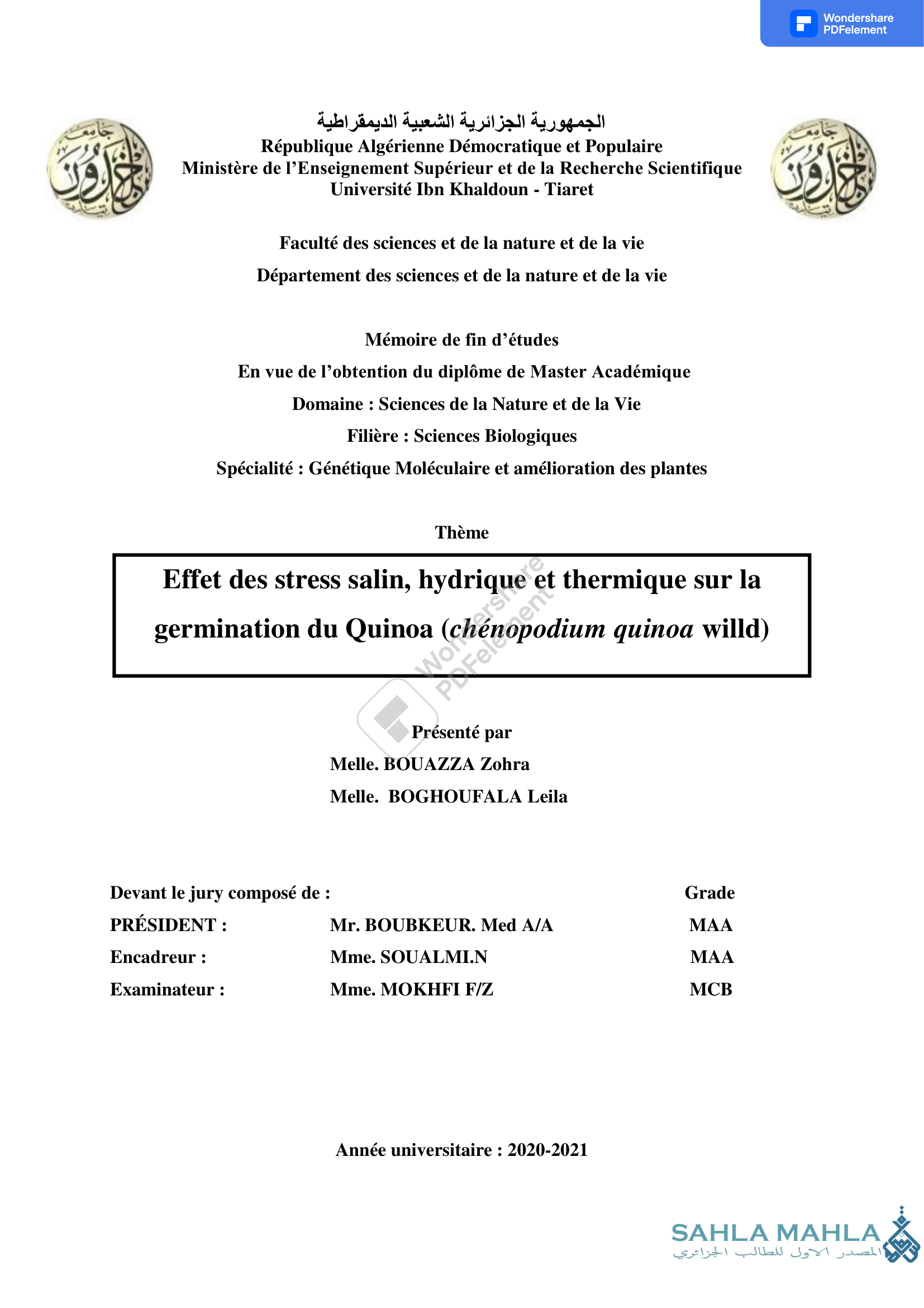 Effet des stress salin et thermique sur la germination du Quinoa (Chenopodium quinoa Willd)