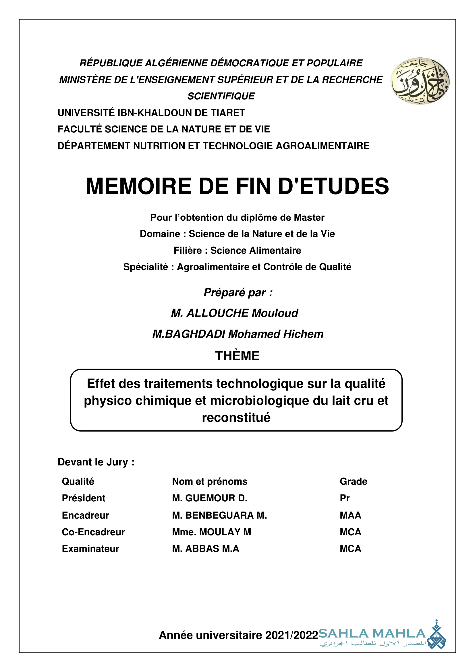 Effet des traitements technologique sur la qualité physico chimique et microbiologique du lait cru et reconstitué
