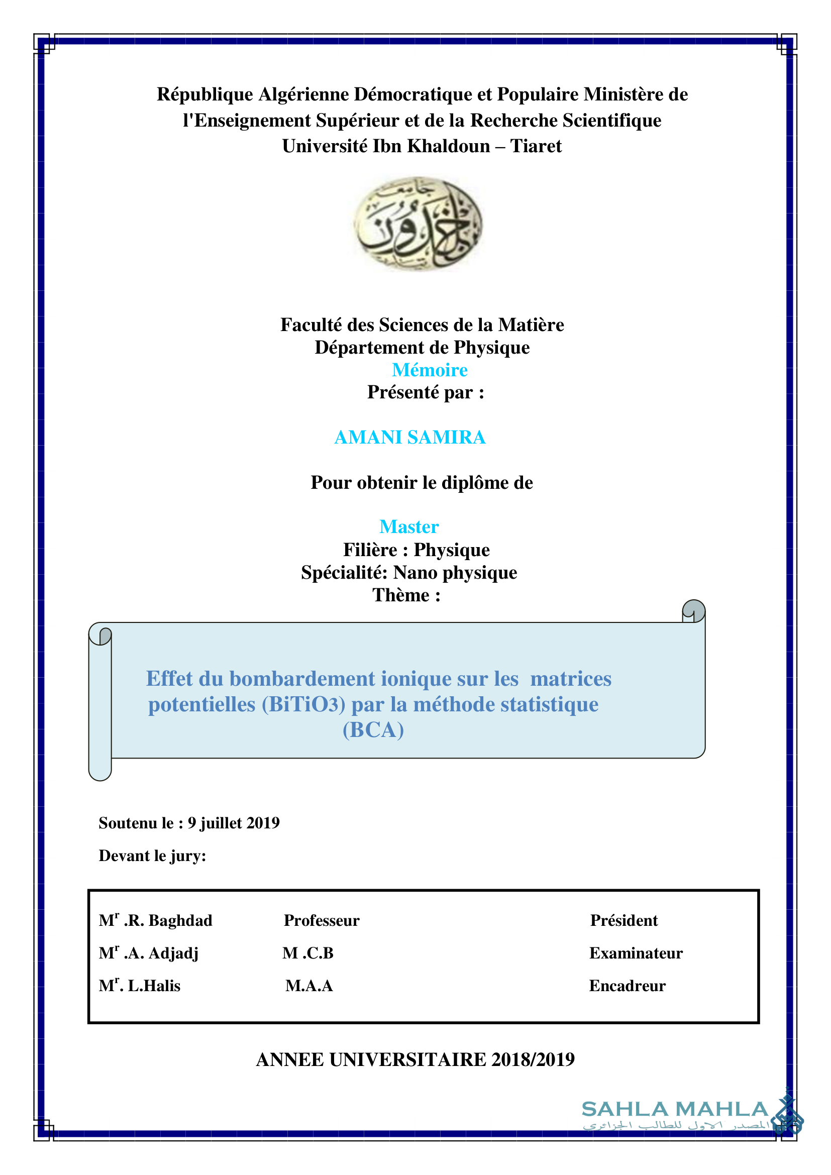 Effet du bombardement ionique sur les matrices potentielles (BiTiO3) par la méthode statistique (BCA)
