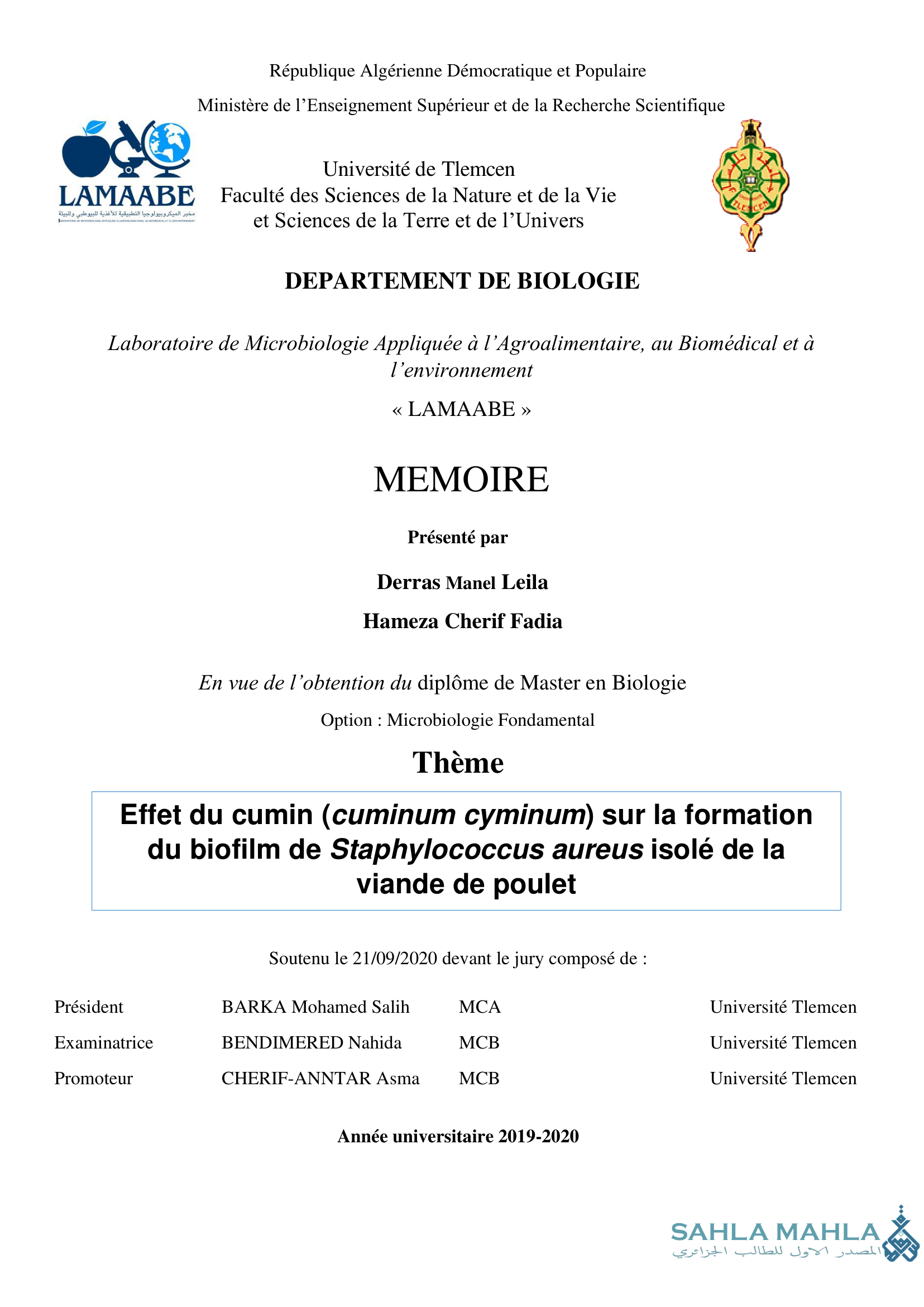 Effet du cumin (cuminum cyminum) sur la formation du biofilm de Staphylococcus aureus isolé de la viande de poulet