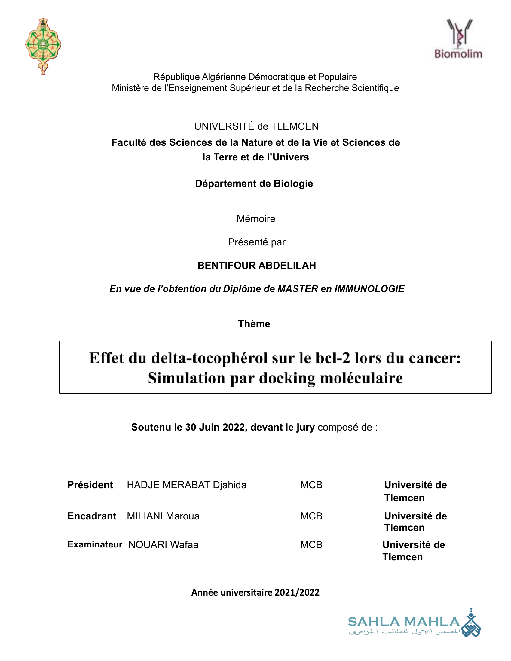 Effet du delta-tocopherol sur le bcl-2 lors du cancer: Simulation par docking moléculaire