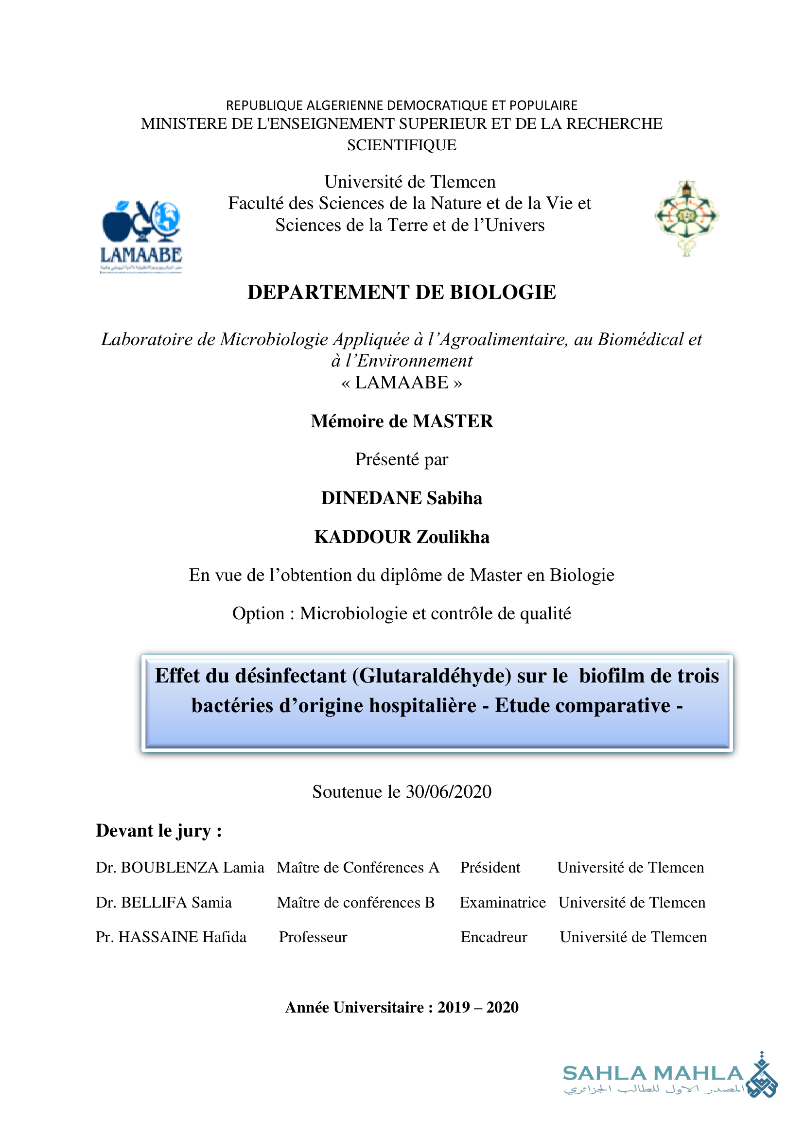 Effet du désinfectant (Glutaraldehyde) sur le biofilm de trois bactéries d'origine hospitalière - Etude comparative -