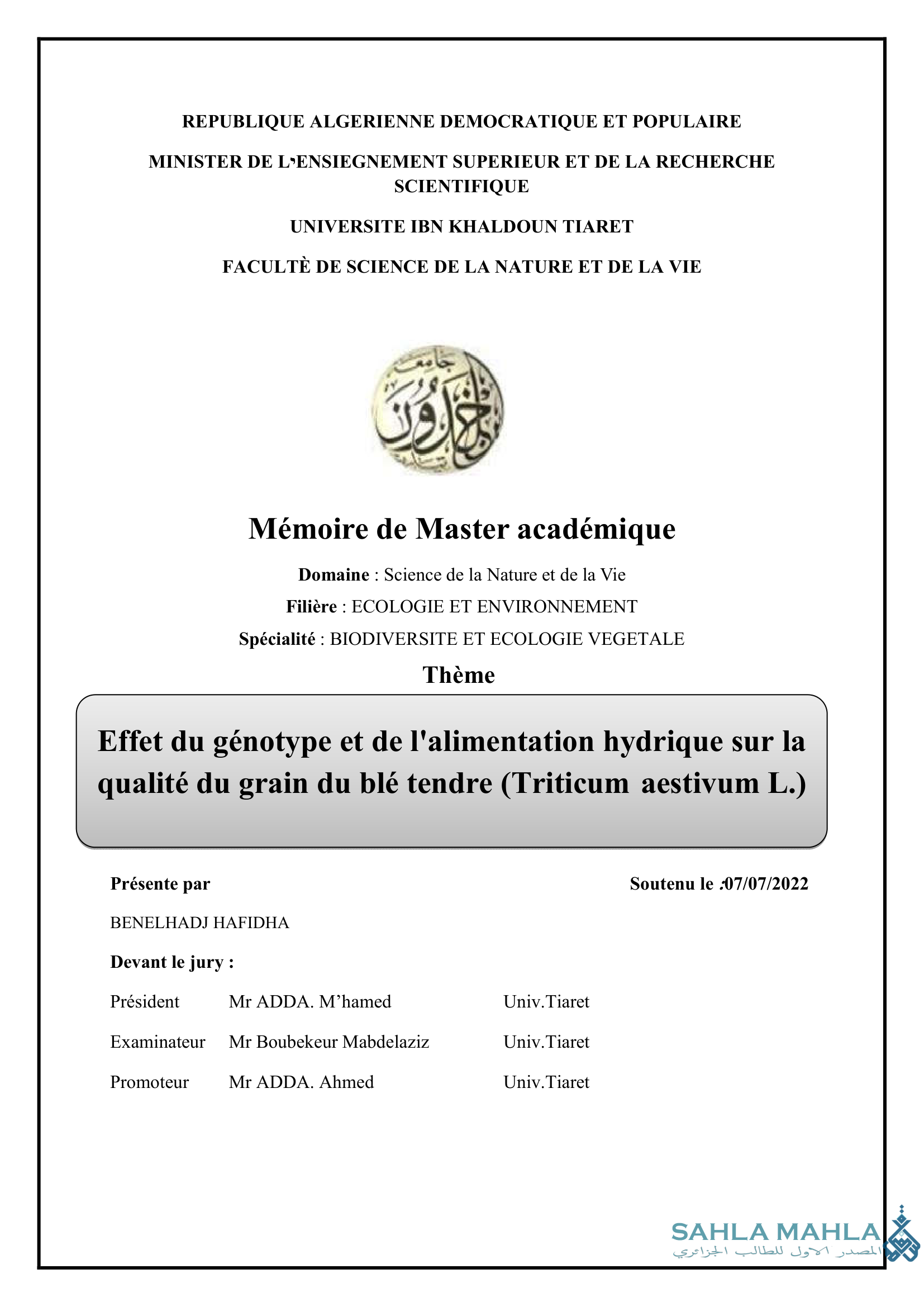Effet du génotype et de l'alimentation hydrique sur la qualité du grain du blé tendre (Triticum aestivum L.)