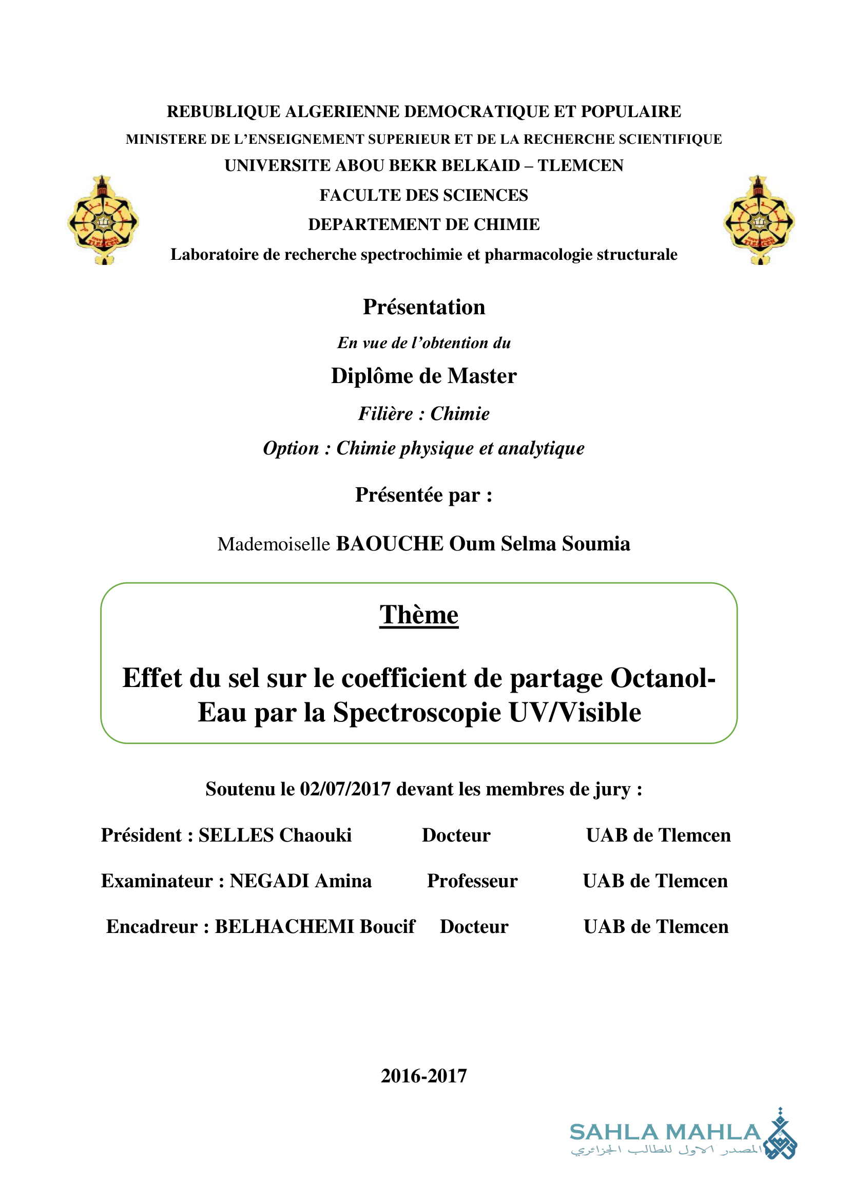 Effet du sel sur le coefficient de partage Octanol- Eau par la Spectroscopie UV/Visible