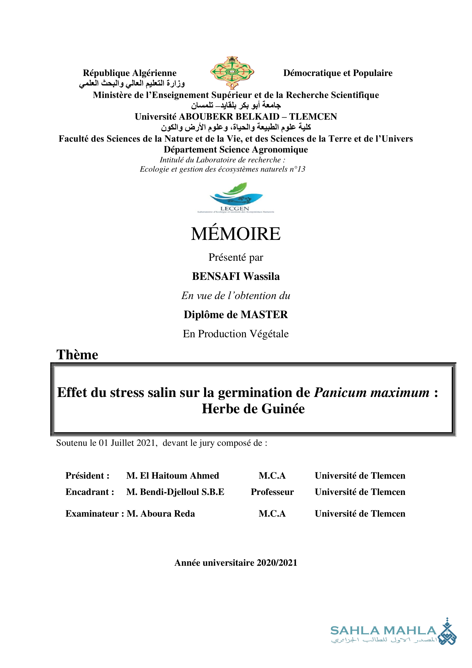 Effet du stress salin sur la germination de Panicum maximum : Herbe de Guinée