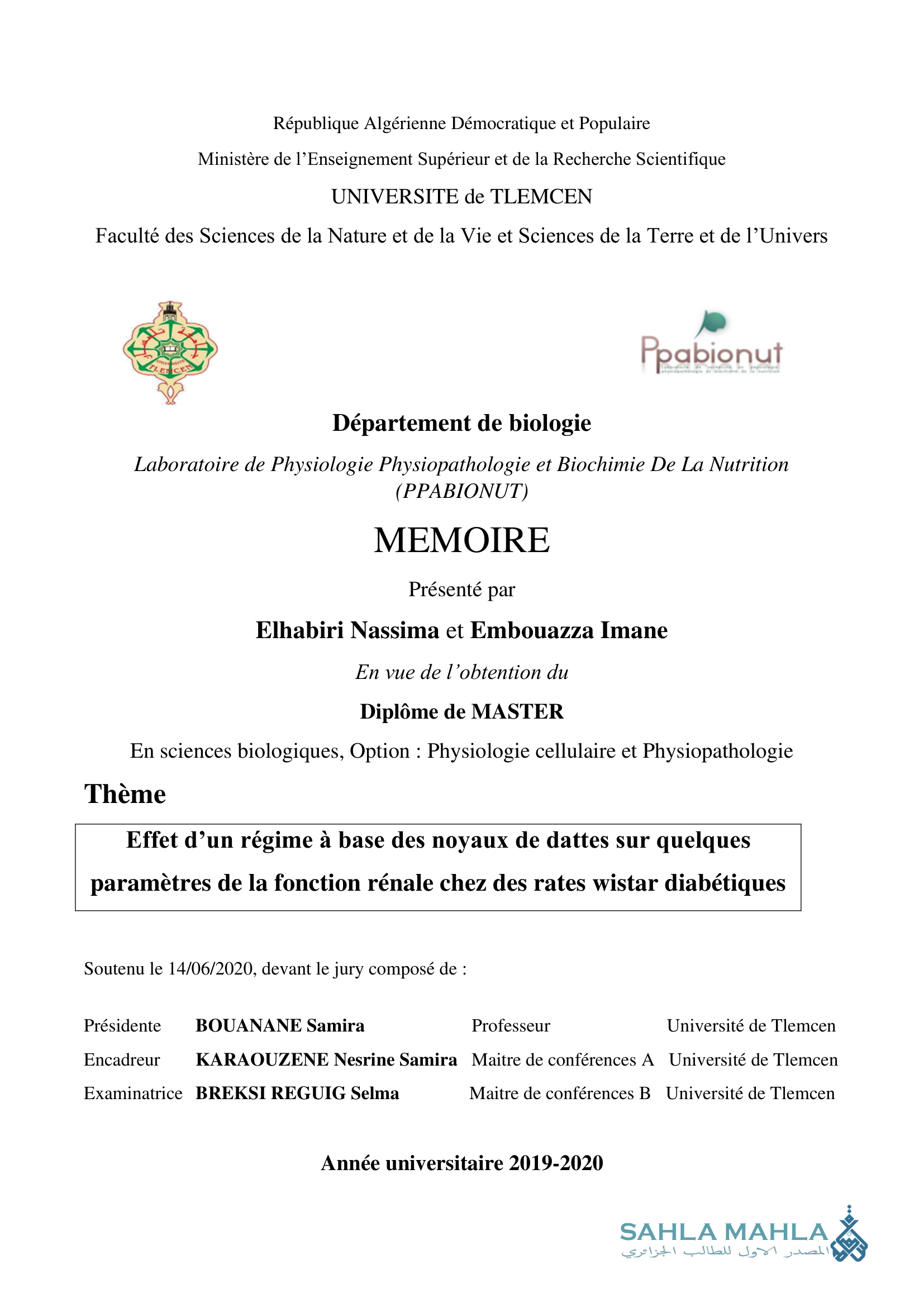 Effet d'un régime à base des noyaux de dattes sur quelques paramètres de la fonction rénale chez des rates wistar diabétiques