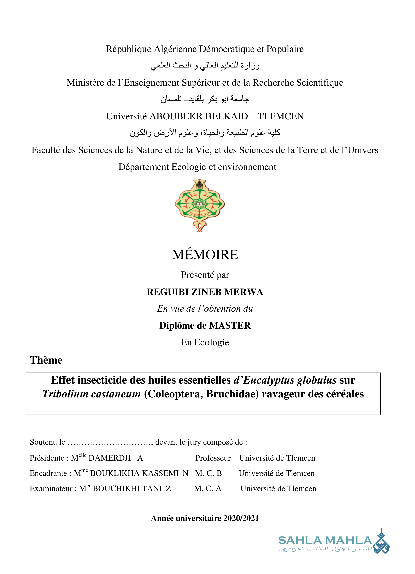 Effet insecticide des huiles essentielles d'Eucalyptus globulus sur Tribolium castaneum (Coleoptera, Bruchidae) ravageur des céréales