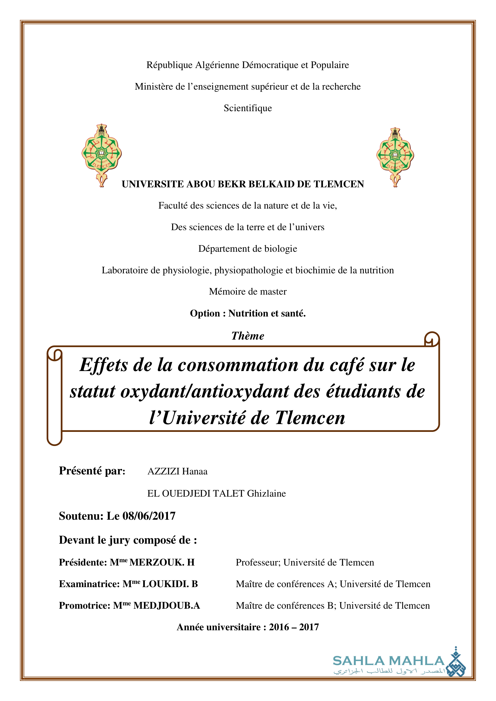 Effets de la consommation du café sur le statut oxydant/antioxydant des étudiants de l'Université de Tlemcen