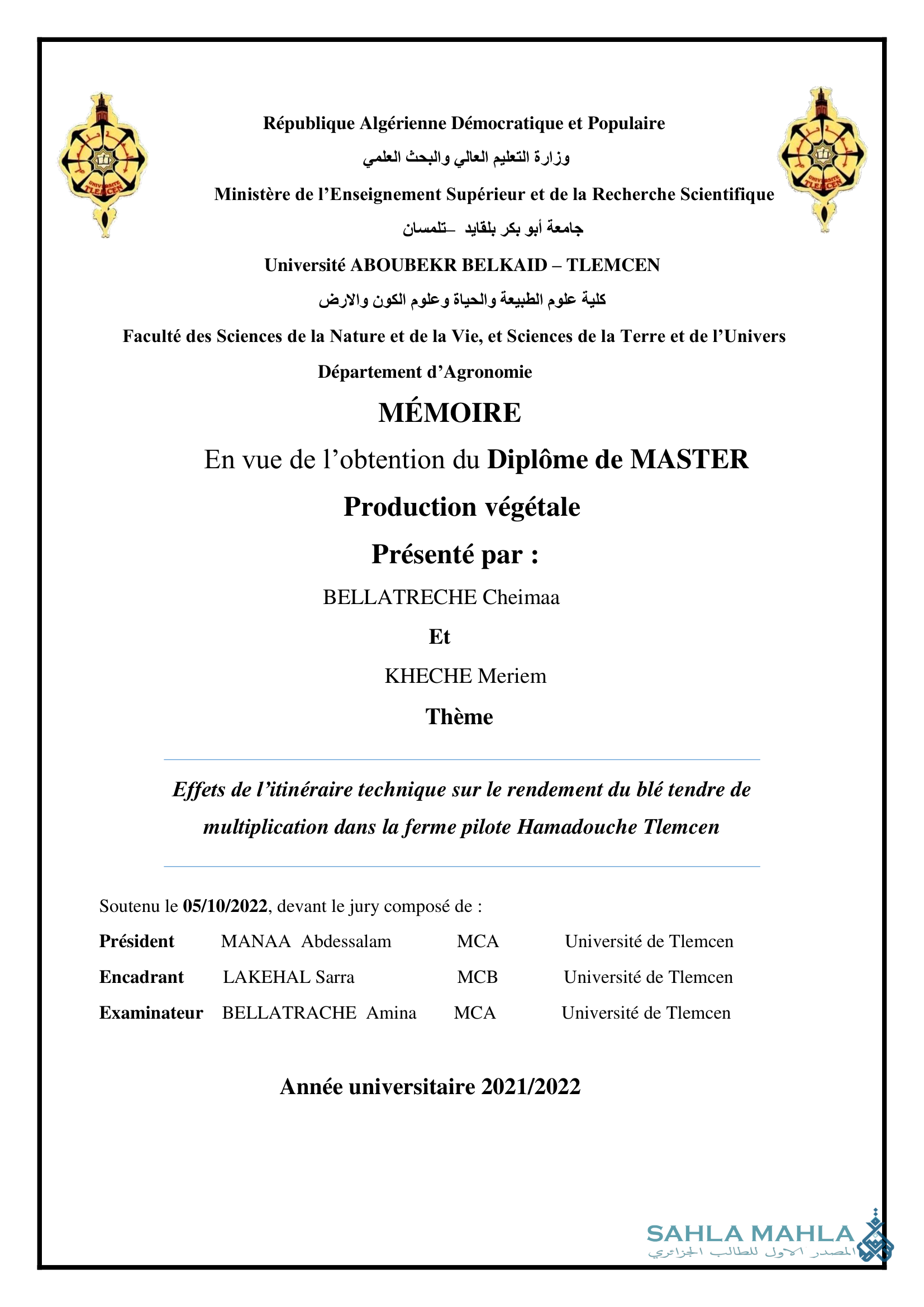 Effets de l'itinéraire technique sur le rendement du blé tendre de multiplication dans la ferme pilote Hamadouche Tlemcen