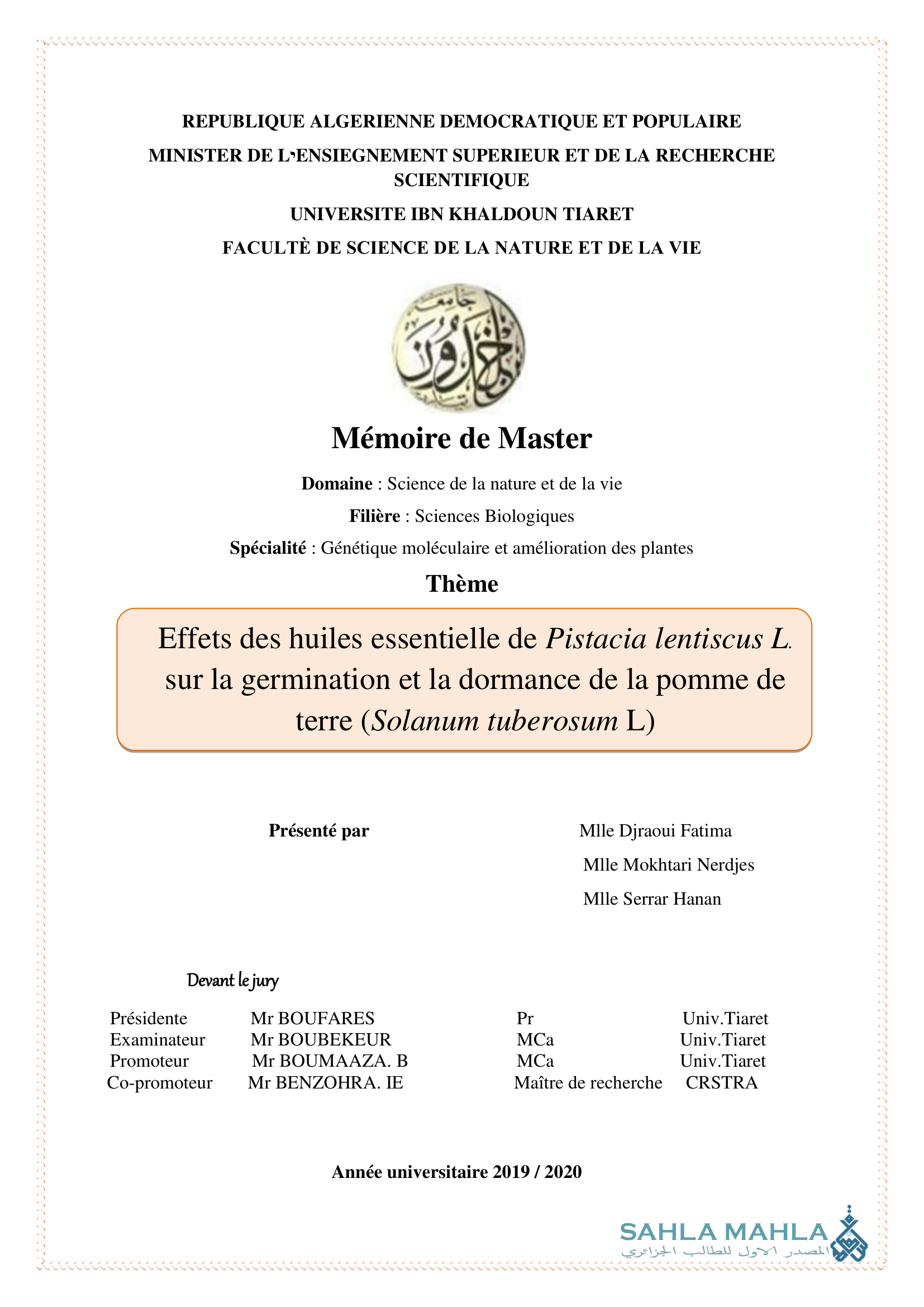 Effets des huiles essentielle de Pistacia lentiscus L. sur la germination et la dormance de la pomme de terre (Solanum tuberosum L)
