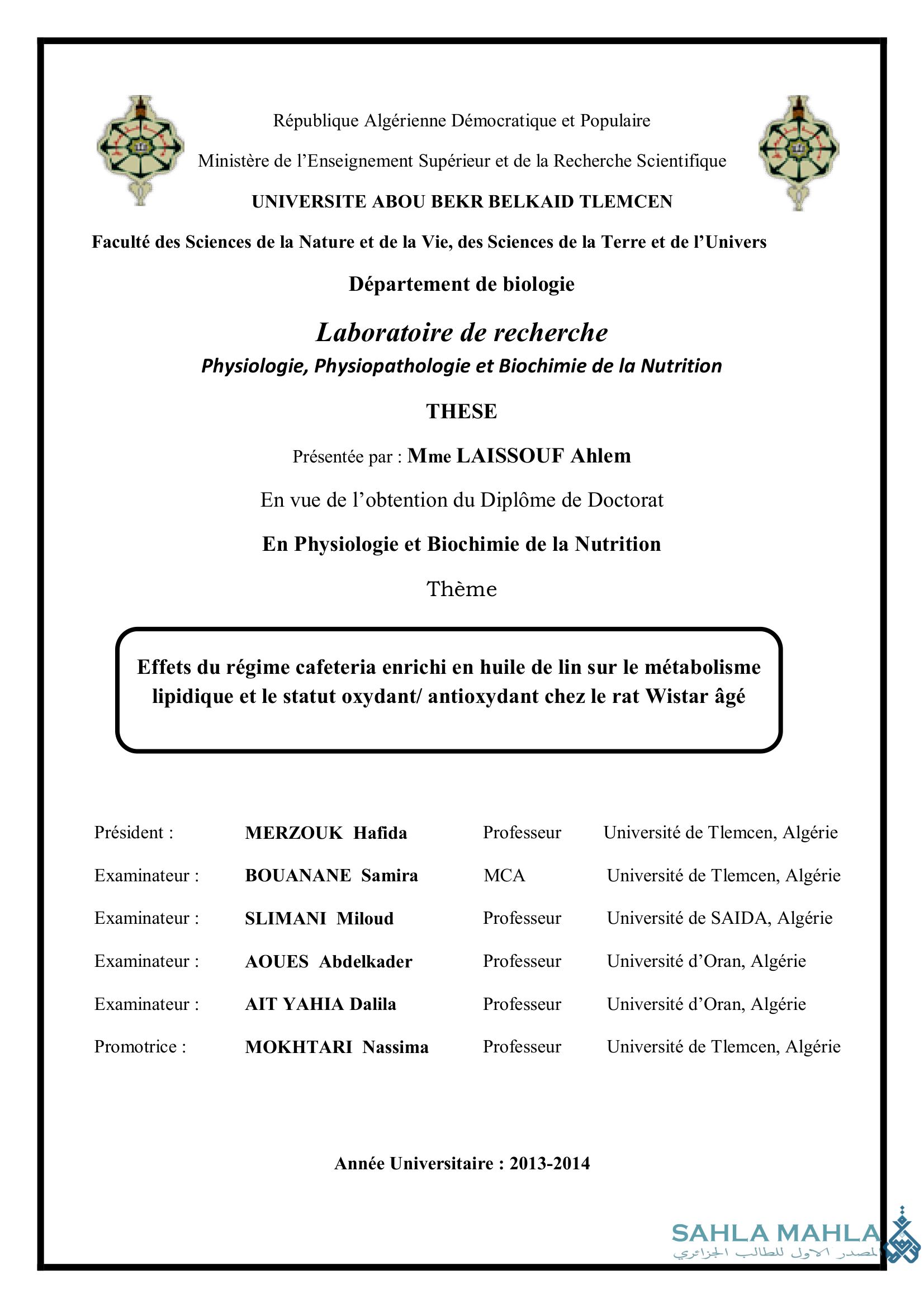 Effets du régime cafeteria enrichi en huile de lin sur le métabolisme lipidique et le statut oxydant/ antioxydant chez le rat Wistar âgé