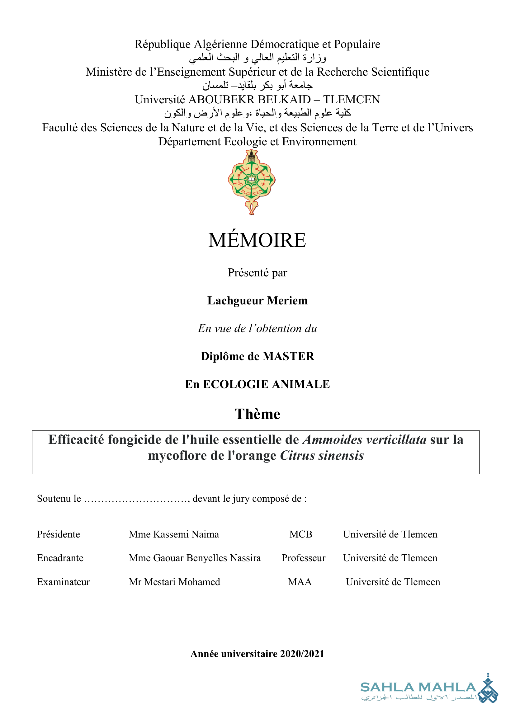 Efficacité fongicide de l'huile essentielle de Ammoides verticillata sur la mycoflore de l'orange Citrus sinensis