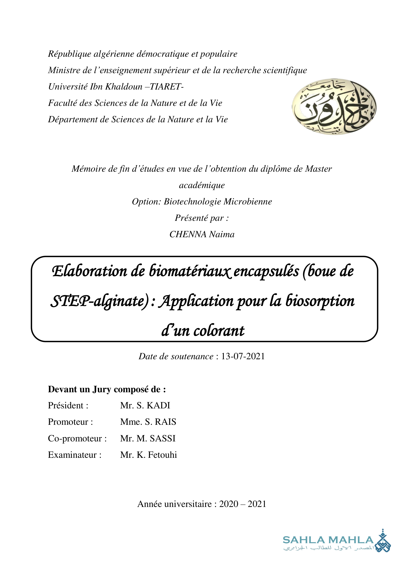 Elaboration de biomatériaux encapsulés (boue de STEP-alginate): Application pour la biosorption d'un colorant