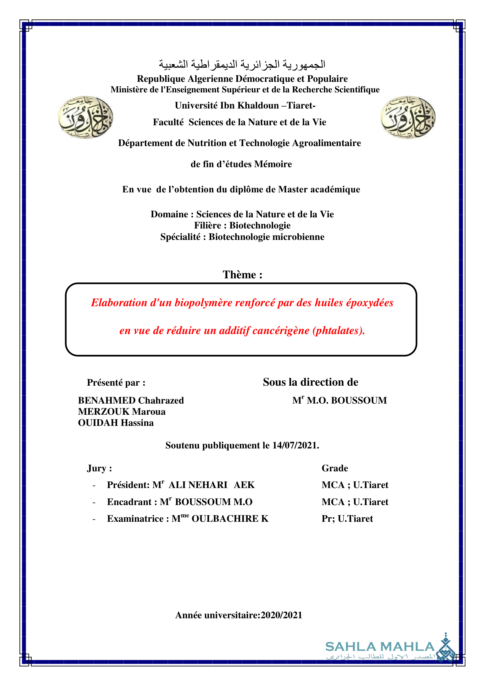 Elaboration d'un biopolymère renforcé par des huiles époxydées en vue de réduire un additif cancérigène (phtalates).