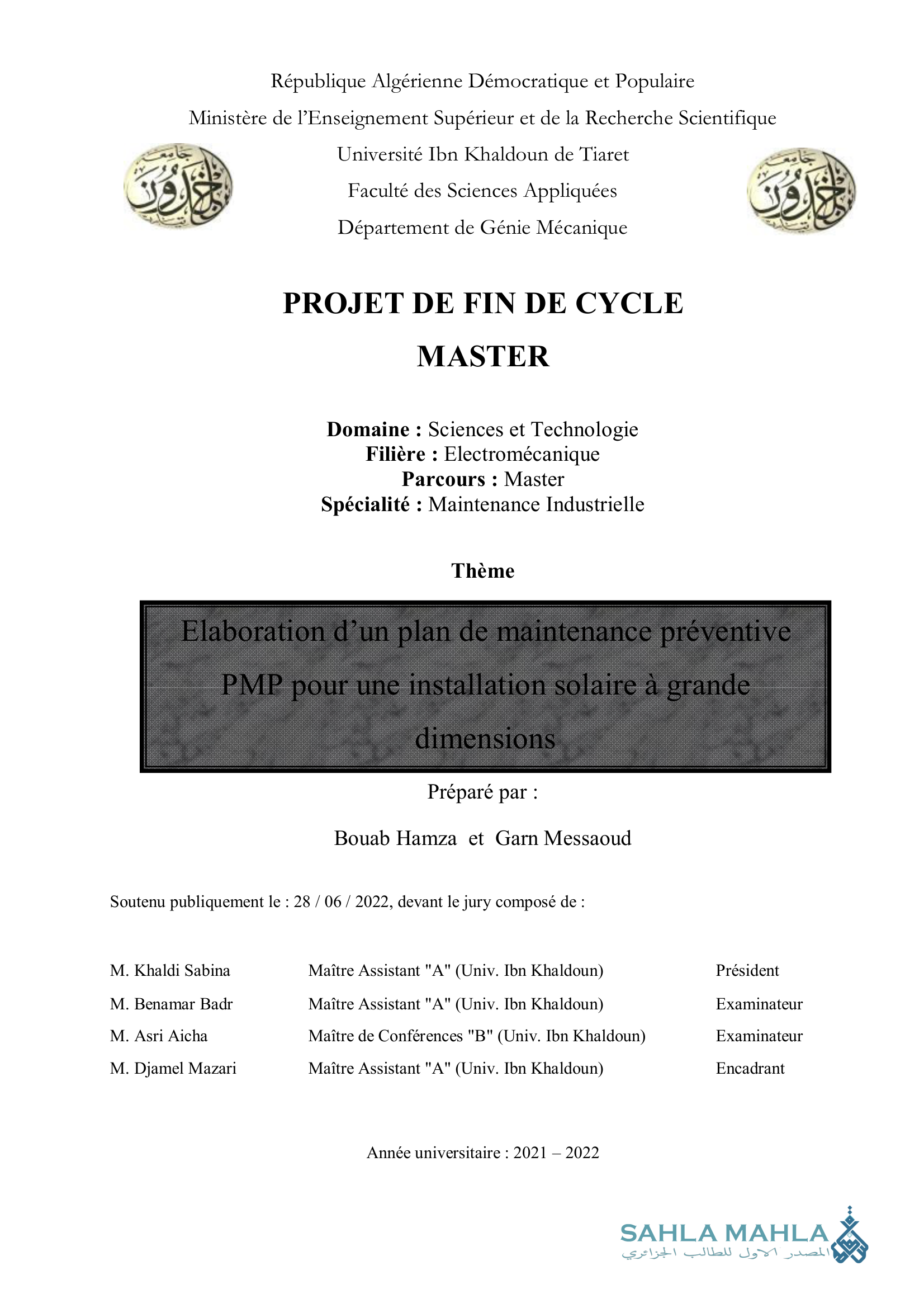 Elaboration d'un plan de maintenance préventive PMP pour une installation solaire à grande dimensions