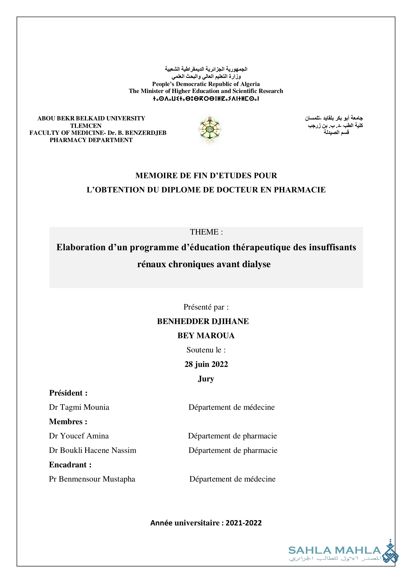 Elaboration d'un programme d'éducation thérapeutique des insuffisants rénaux chroniques avant dialyse