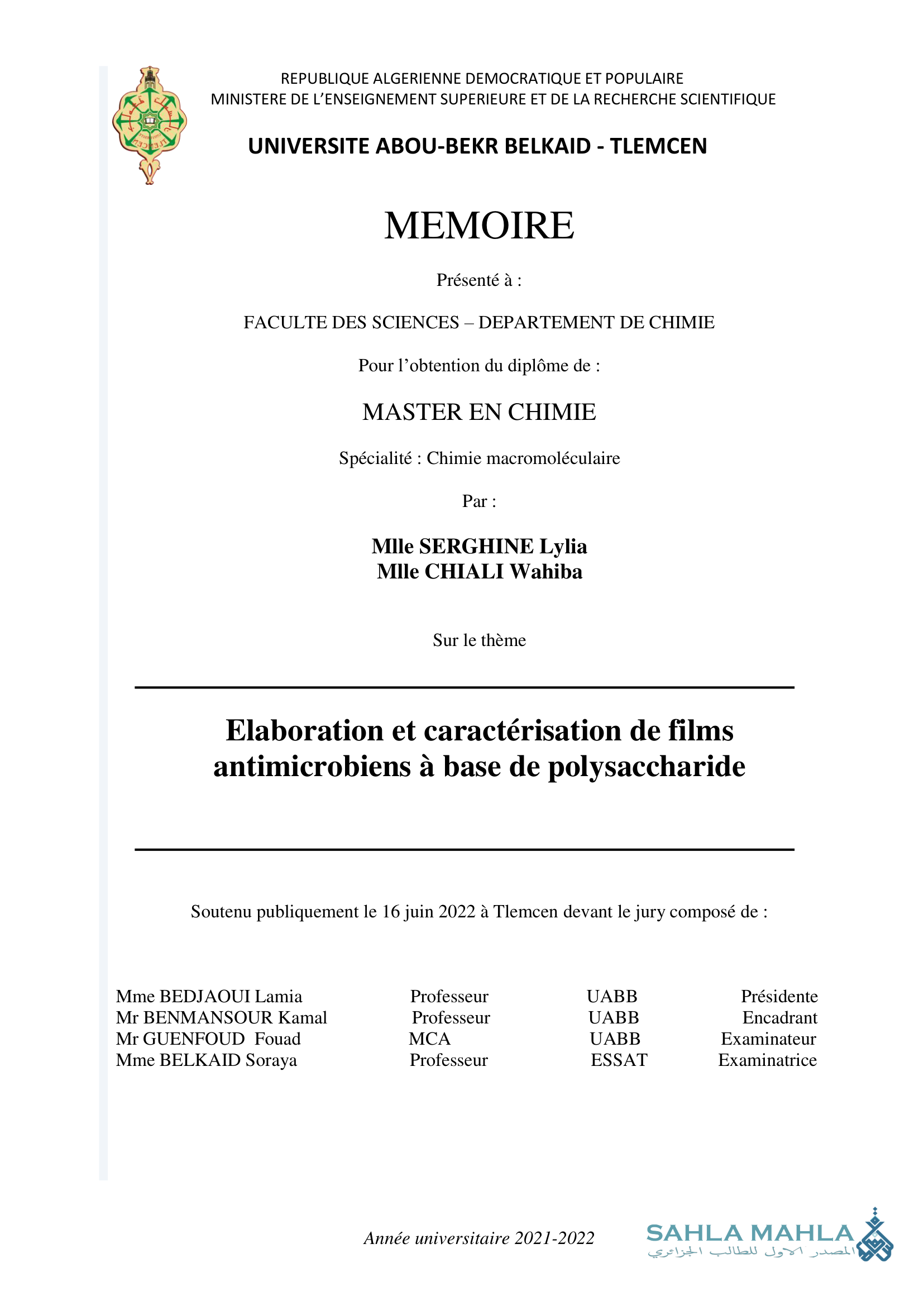 Elaboration et caractérisation de films antimicrobiens à base de polysaccharide