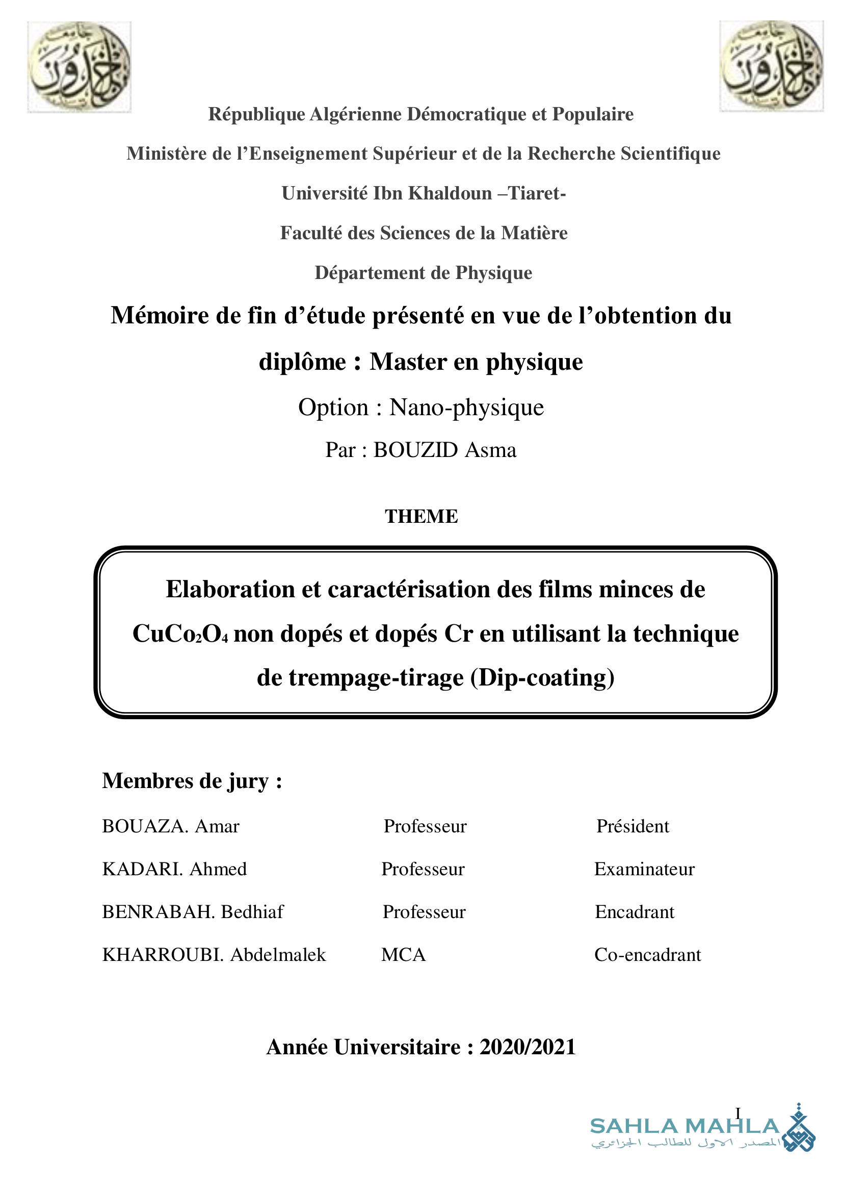 Elaboration et caractérisation des films minces de CuCO2O4 non dopés et dopés Cr en utilisant la technique de trempage-tirage (Dip-coating)
