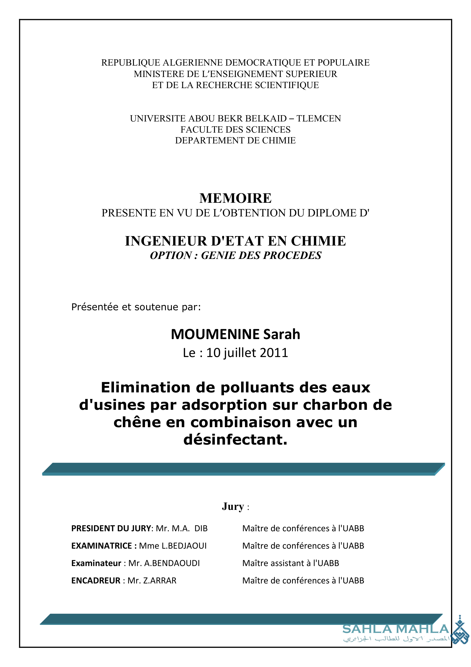 Elimination de polluants des eaux d'usines par adsorption sur charbon de chêne en combinaison avec un désinfectant.