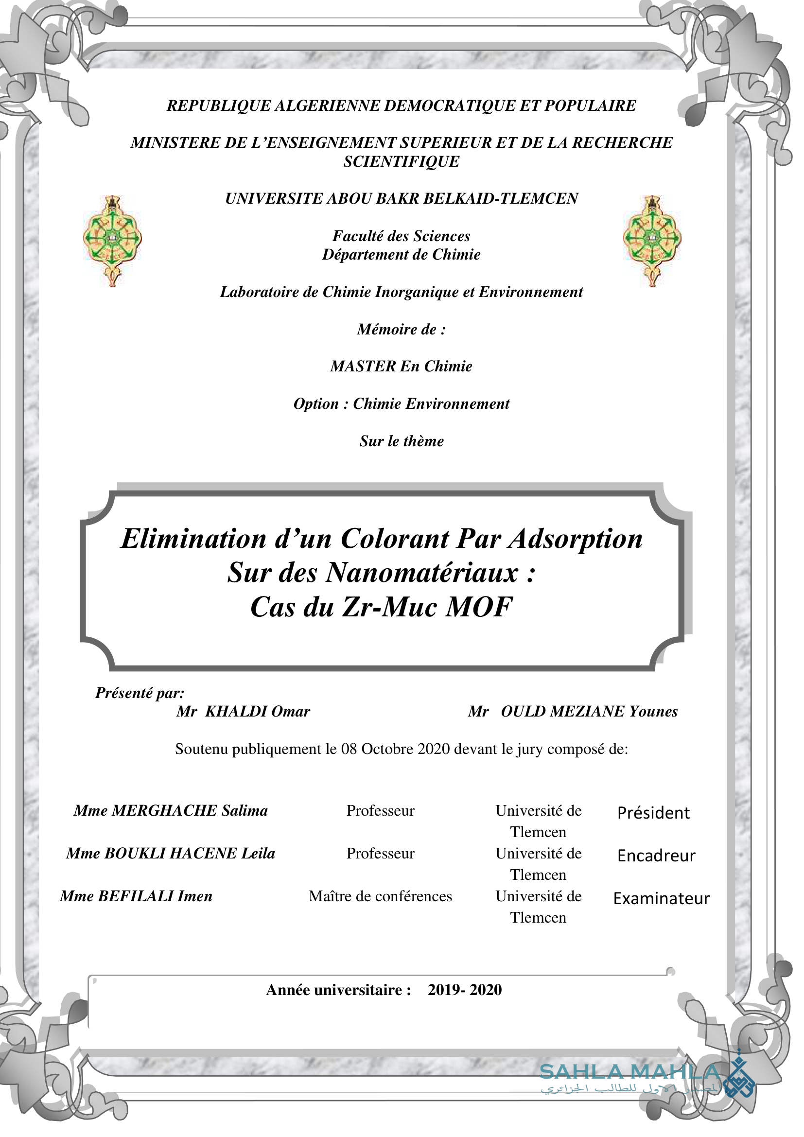 Elimination d'un Colorant Par Adsorption Sur des Nanomatériaux : Cas du Zr-Muc MOF