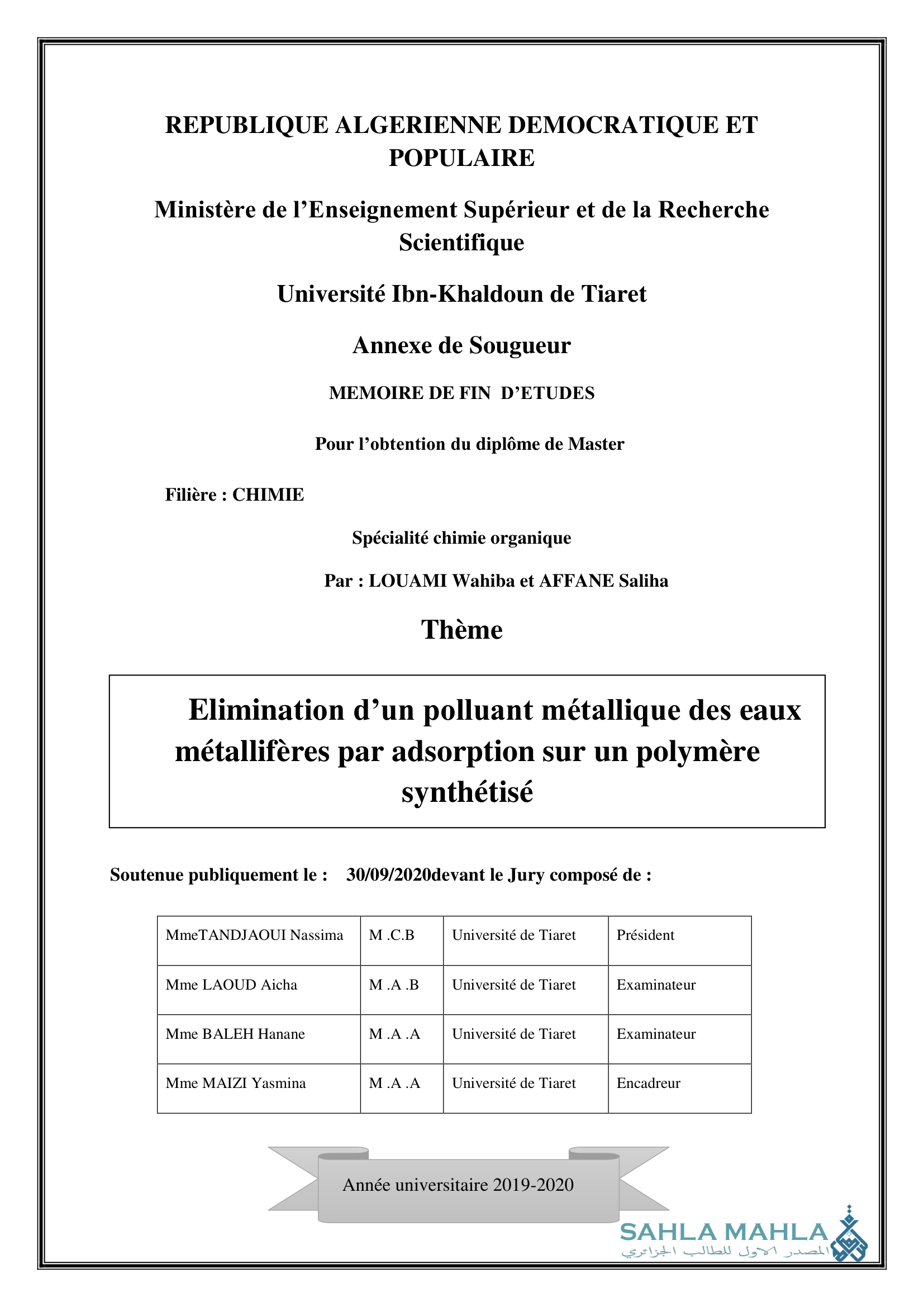 Elimination d'un polluant métallique des eaux métallifères par adsorption sur un polymère synthétisé