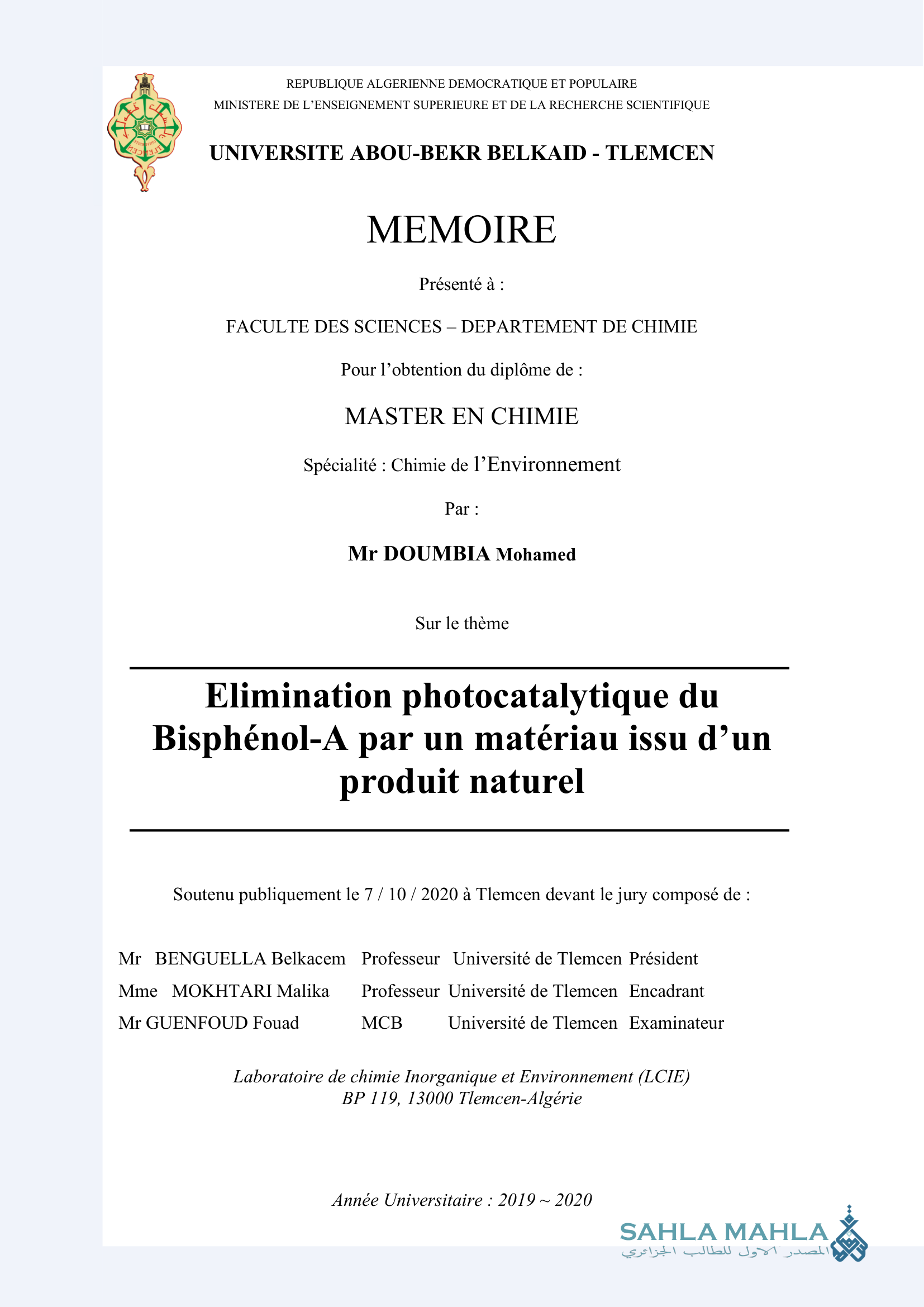 Elimination photocatalytique du Bisphénol-A par un matériau issu d'un produit naturel