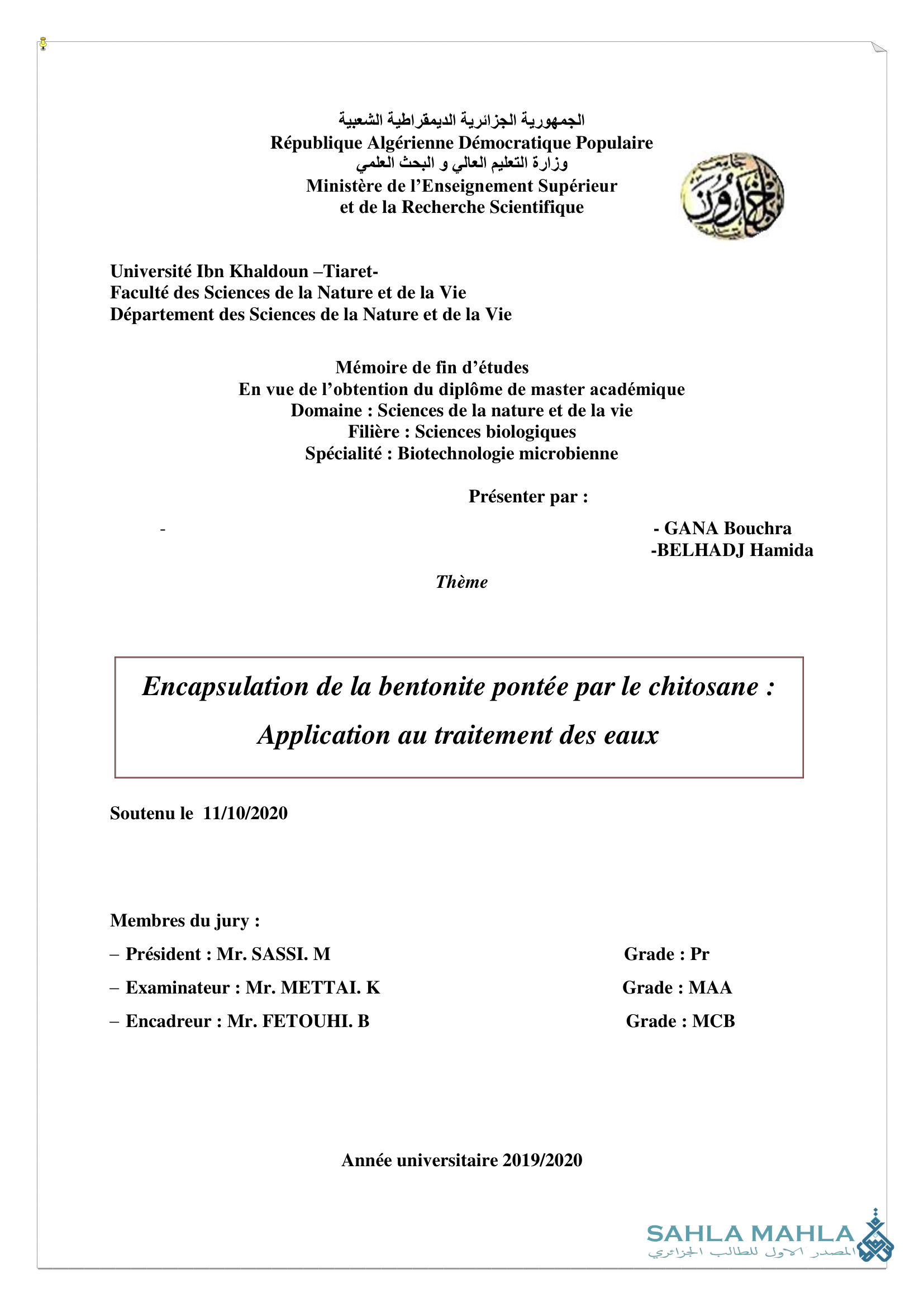 Encapsulation de la bentonite pontée par le chitosane : Application au traitement des eaux