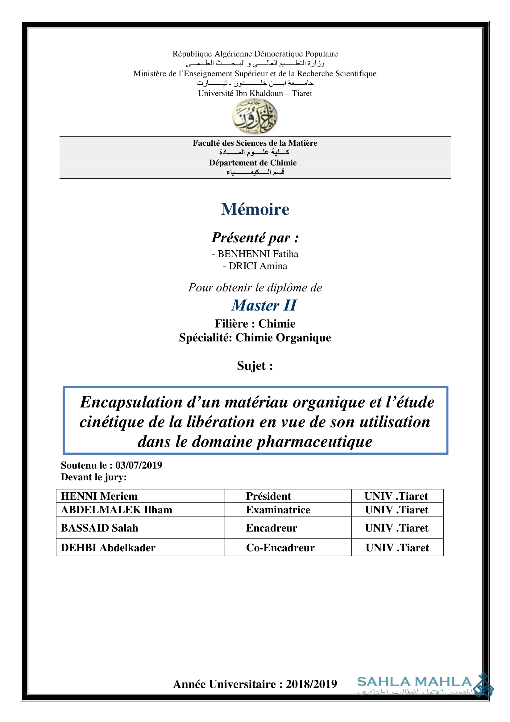 Encapsulation d'un matériau organique et l'étude cinétique de la libération en vue de son utilisation dans le domaine pharmaceutique