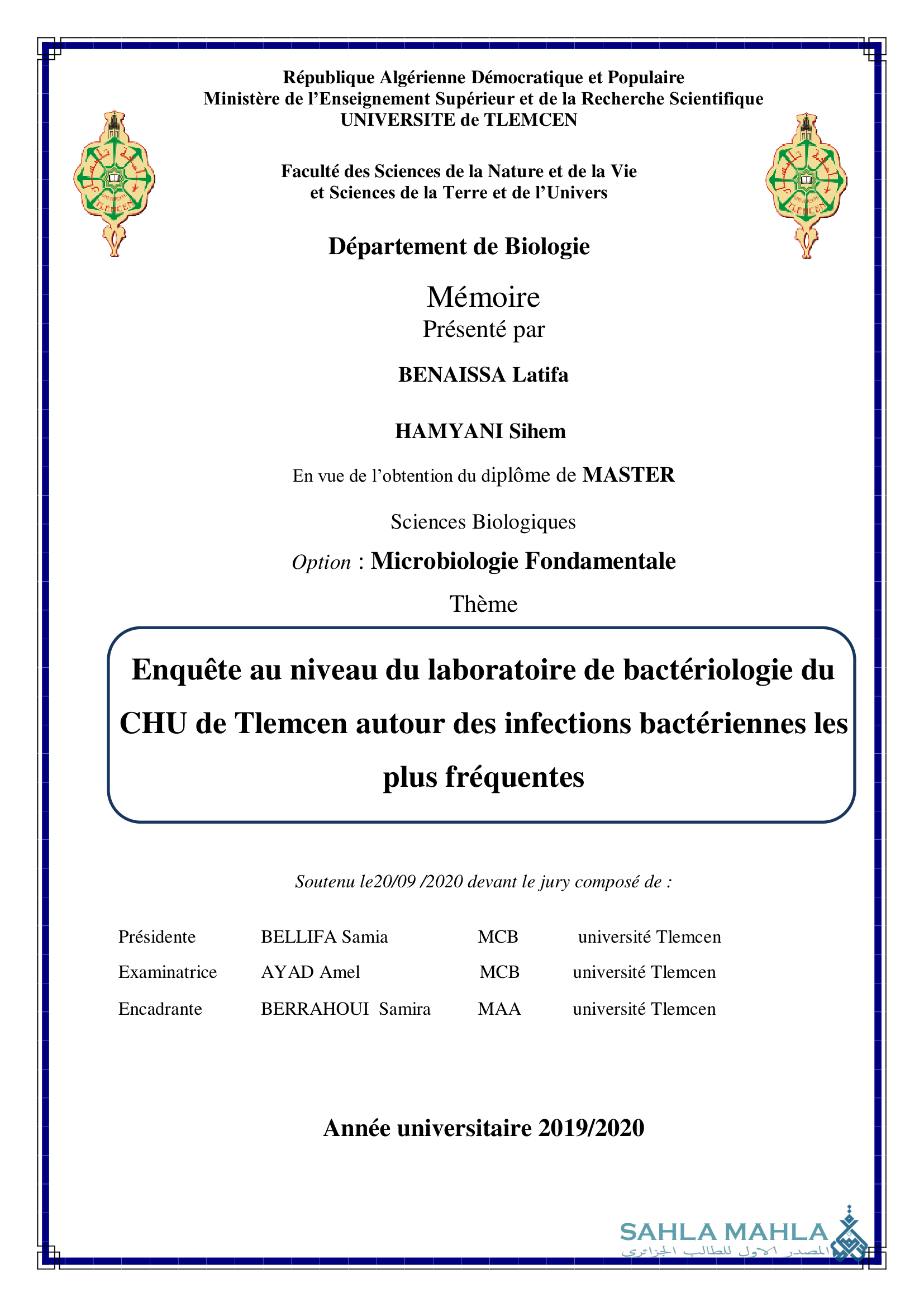 Enquête au niveau du laboratoire de bactériologie du CHU de Tlemcen autour des infections bactériennes les plus fréquentes