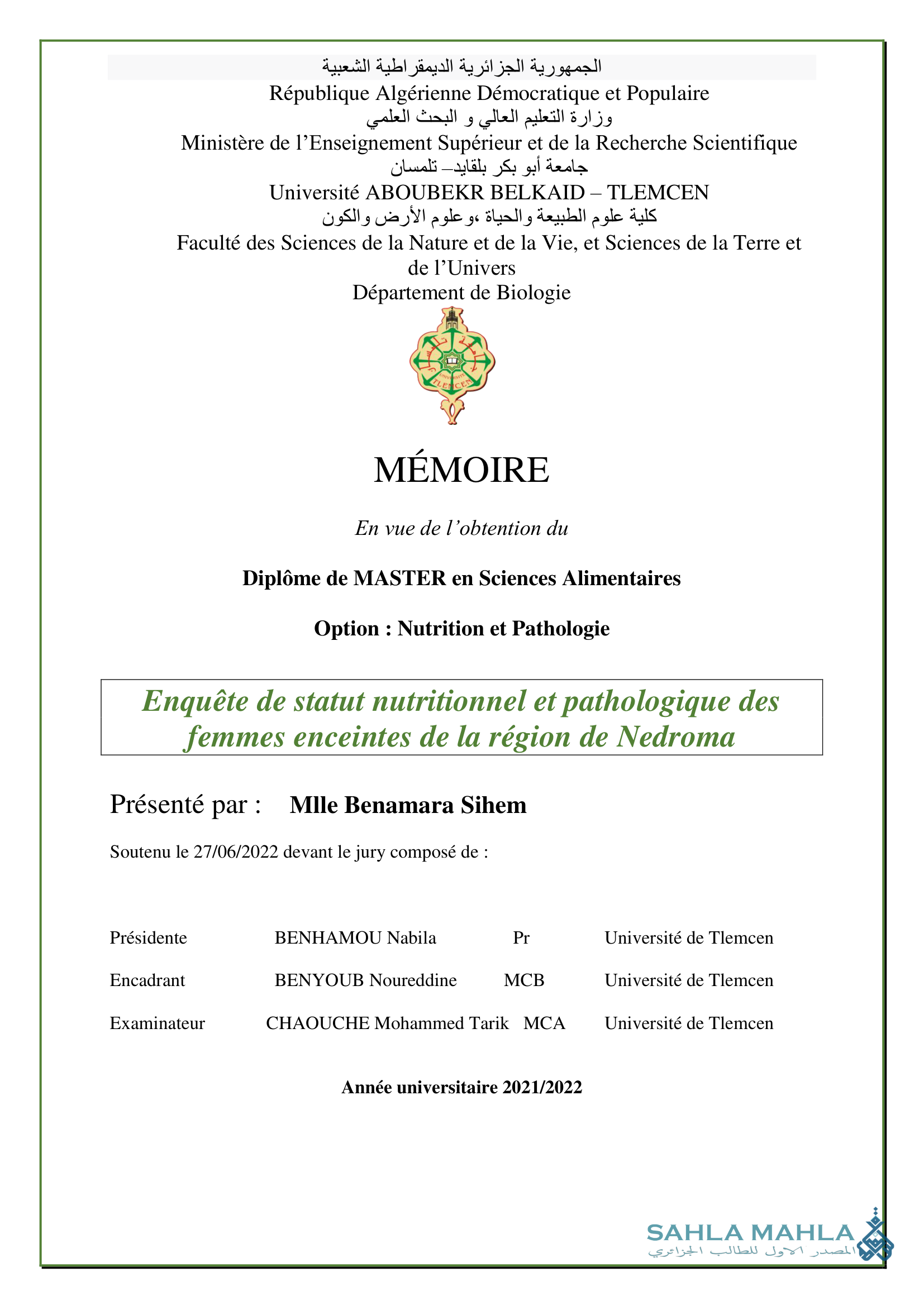 Enquête de statut nutritionnel et pathologique des femmes enceintes de la région de Nedroma