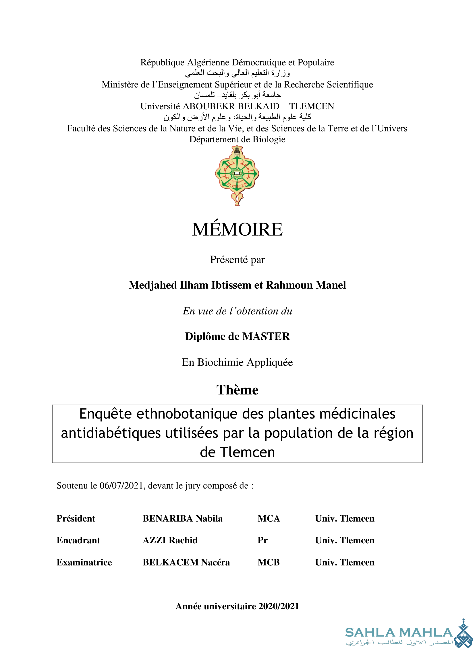 Enquête ethnobotanique des plantes médicinales antidiabétiques utilisées par la population de la région de Tlemcen