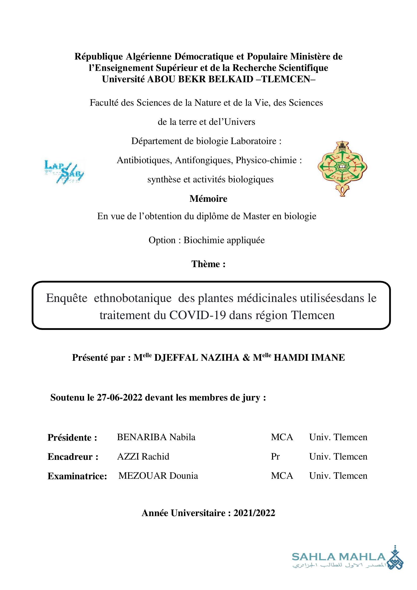 Enquête ethnobotanique des plantes médicinales utilisées dans le traitement du COVID-19 dans la région de Tlemcen