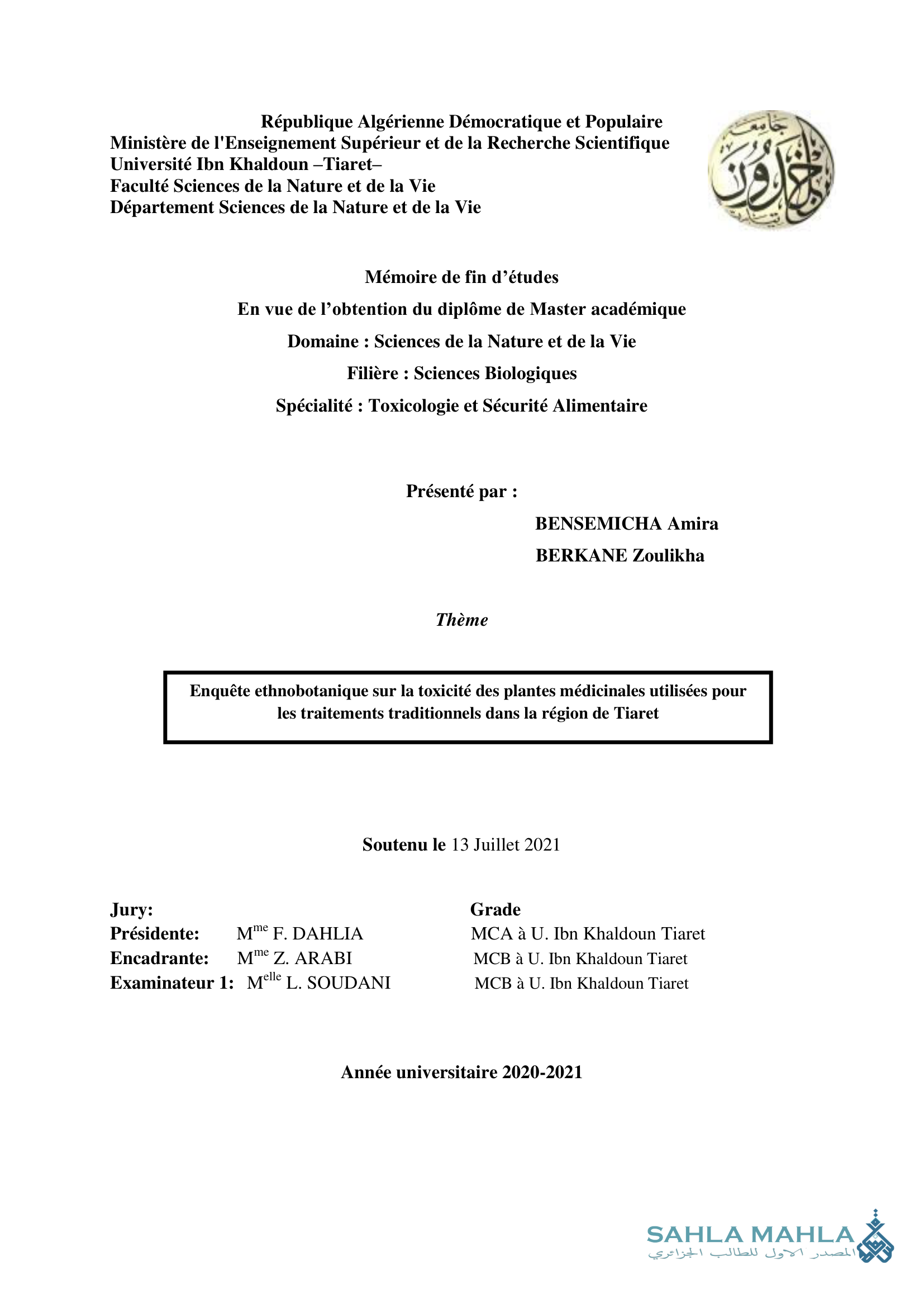 Enquête ethnobotanique sur la toxicité des plantes médicinales utilisées pour les traitements traditionnels dans la région de Tiaret