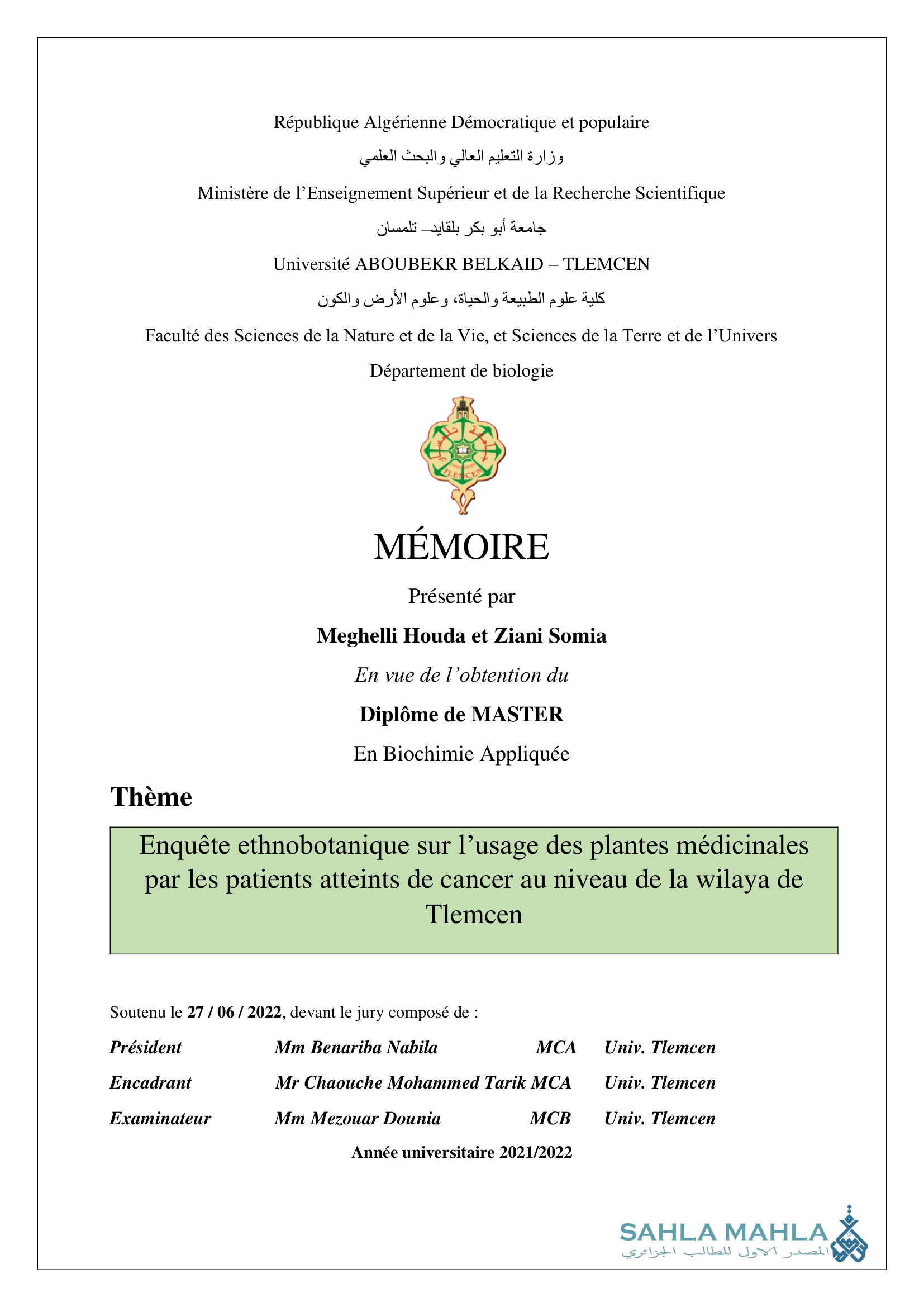 Enquête ethnobotanique sur l'usage des plantes médicinales par les patients atteints de cancer au niveau de la wilaya de Tlemcen