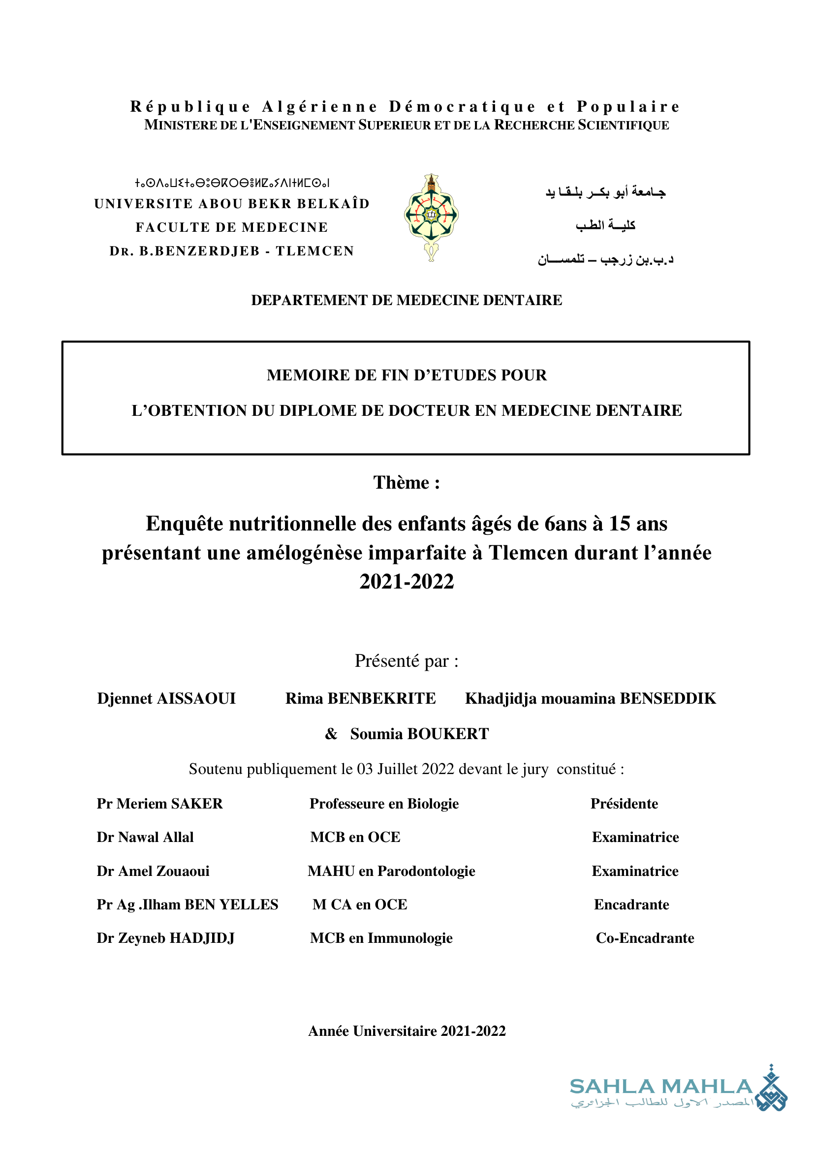Enquête nutritionnelle des enfants âgés de 6ans à 15ans présentant une amélogénèse imparfaite à Tlemcen durant l'année 2021-2022