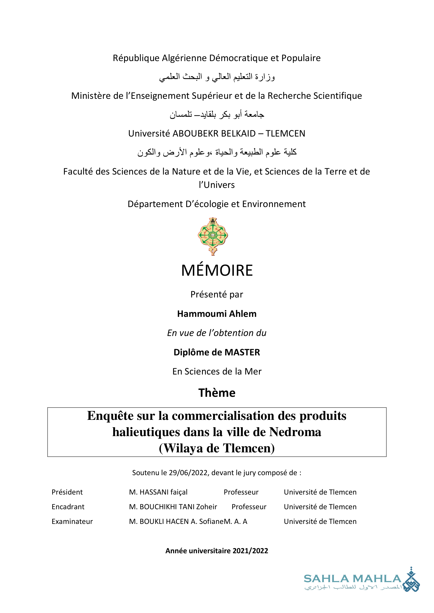 Enquête sur la commercialisation des produits halieutiques dans la ville de Nedroma (Wilaya de Tlemcen)