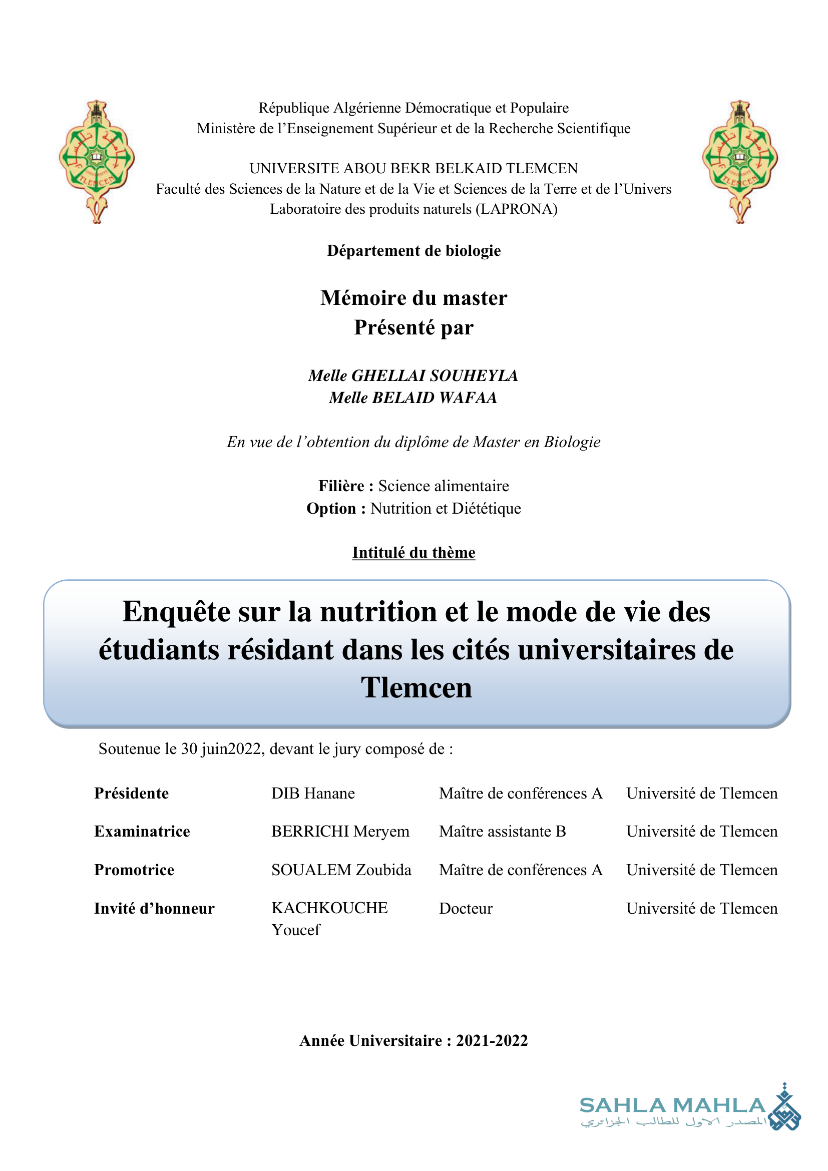 Enquête sur la nutrition et le mode de vie des étudiants résidant dans les cités universitaires de Tlemcen