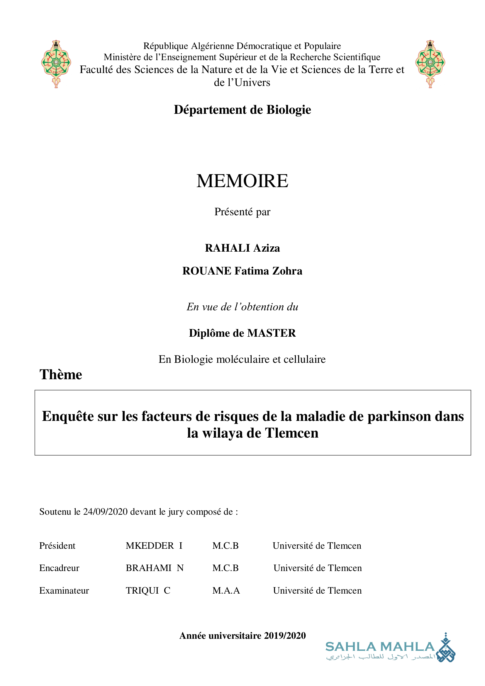 Enquête sur les facteurs de risques de la maladie de parkinson dans la wilaya de Tlemcen