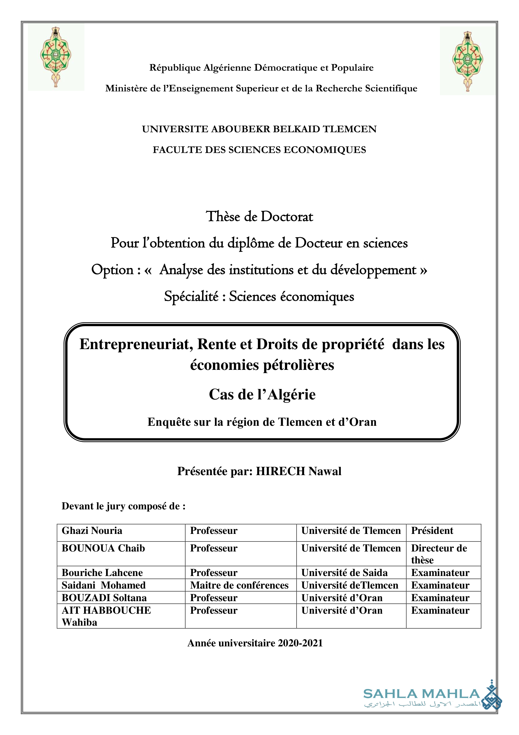 Entrepreneuriat, Rente et Droits de propriété dans les économies pétrolières Cas de l'Algérie Enquête sur la région de Tlemcen et d’Oran