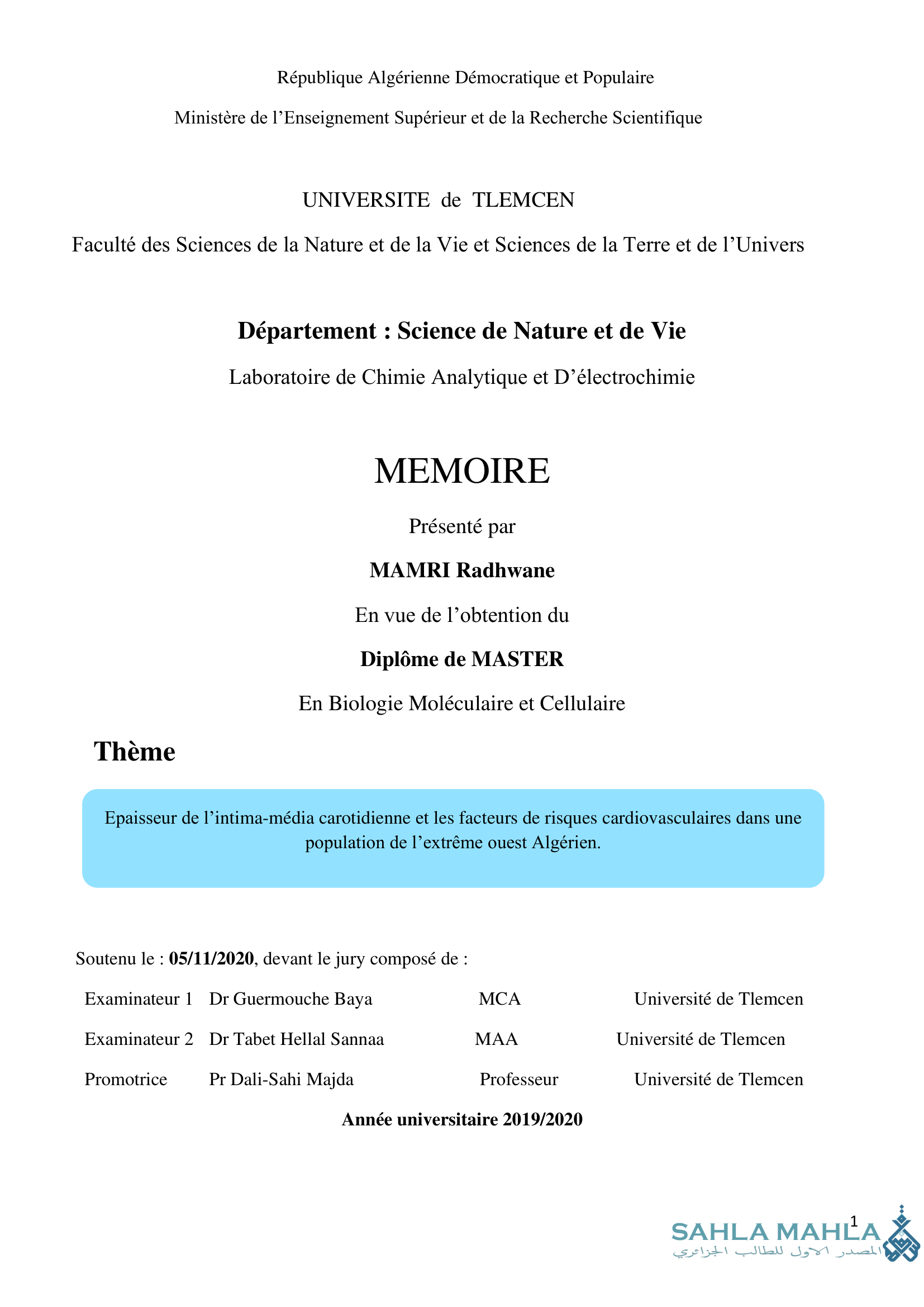 Epaisseur de l'intima-média carotidienne et les facteurs de risques cardiovasculaires dans une population de l'extrême ouest Algérien.